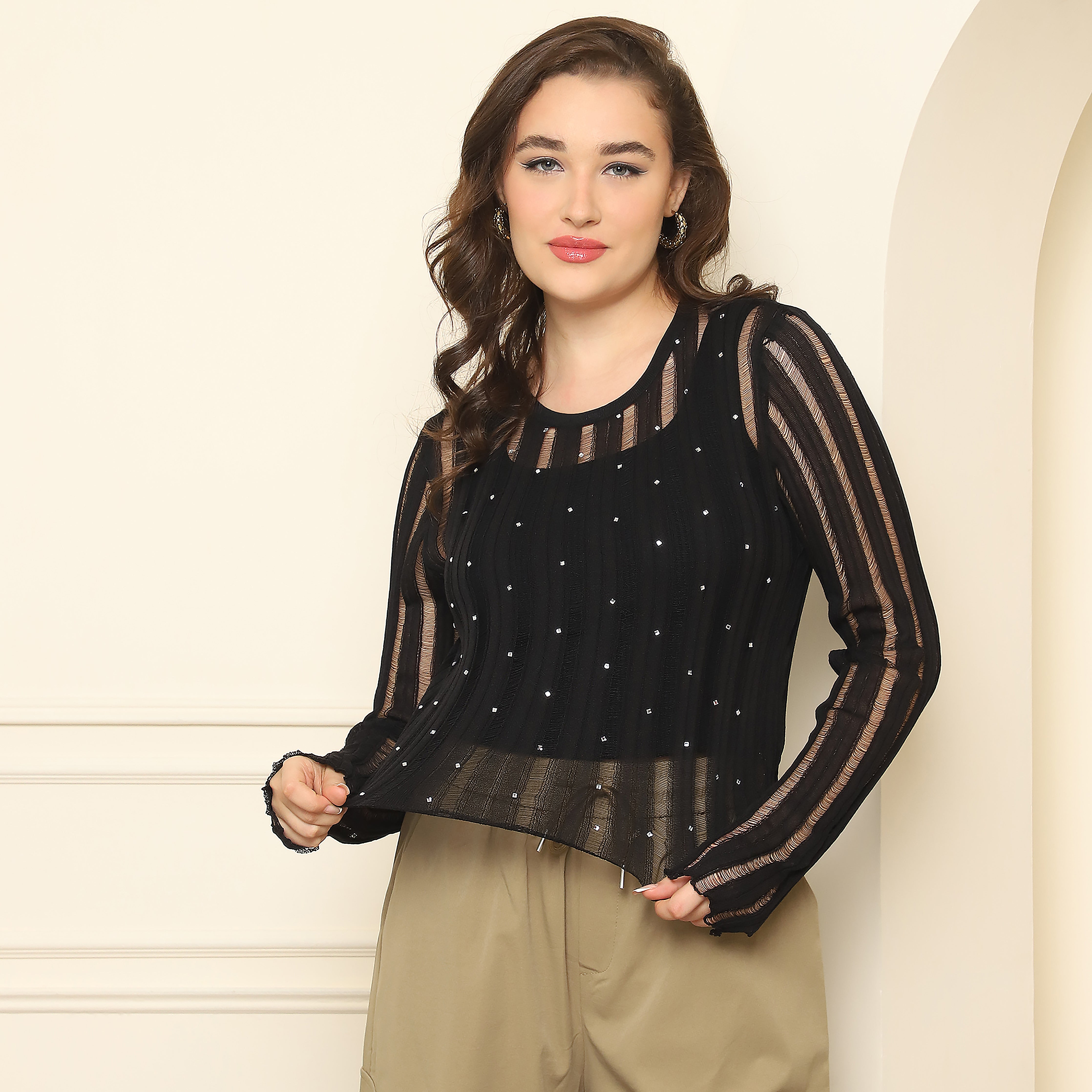 Black Knitted Top with Sheer Stripes & Embellishments
