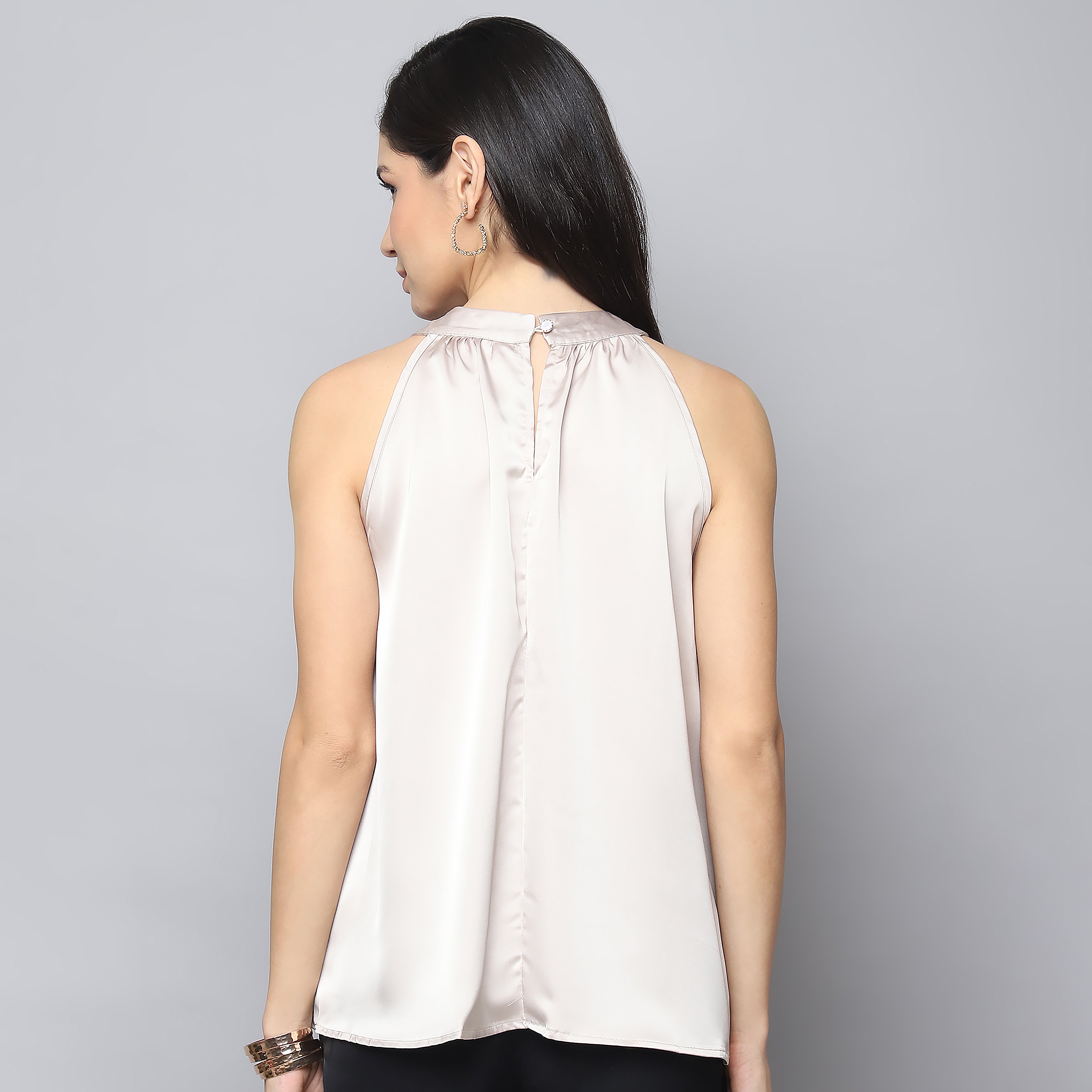 Elegant Embellished Halter Neck Woven Top – Steel Grey