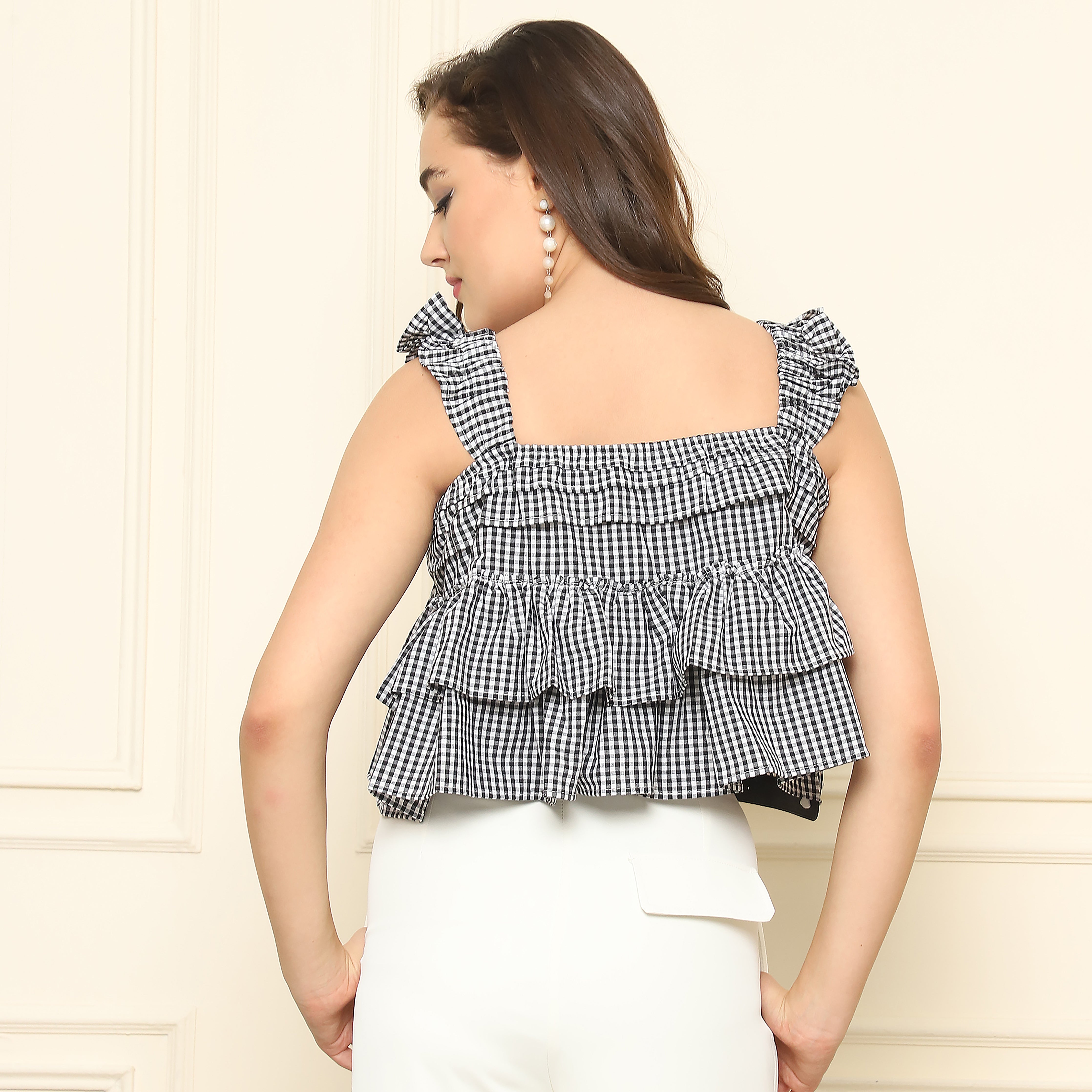 Woven Frilled Top – Black Checkered