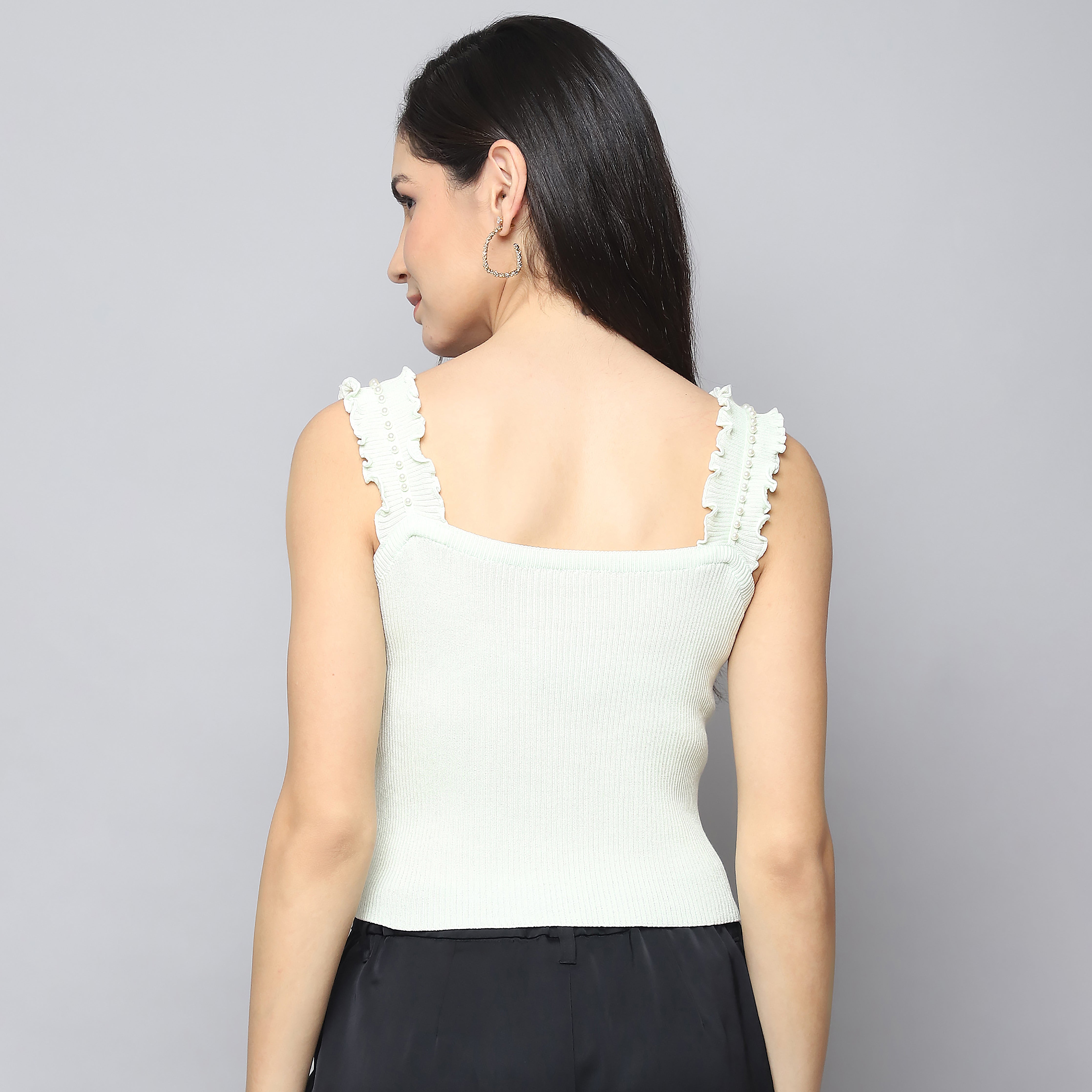 Bow-Embellished Ribbed Knitted Tank Top – Mint