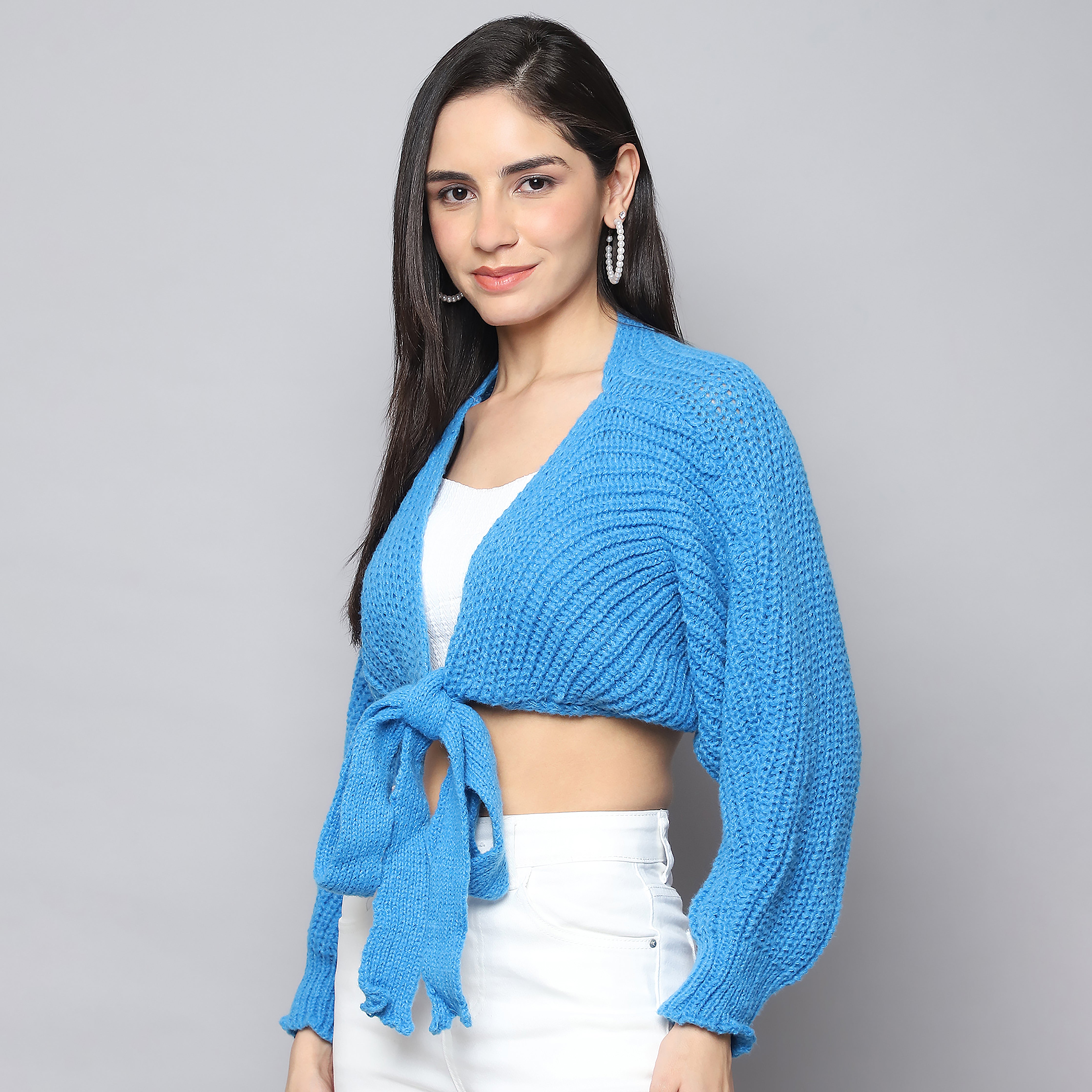 Cozy Chic Woolen Tie-Up Shrug (Royal Blue)