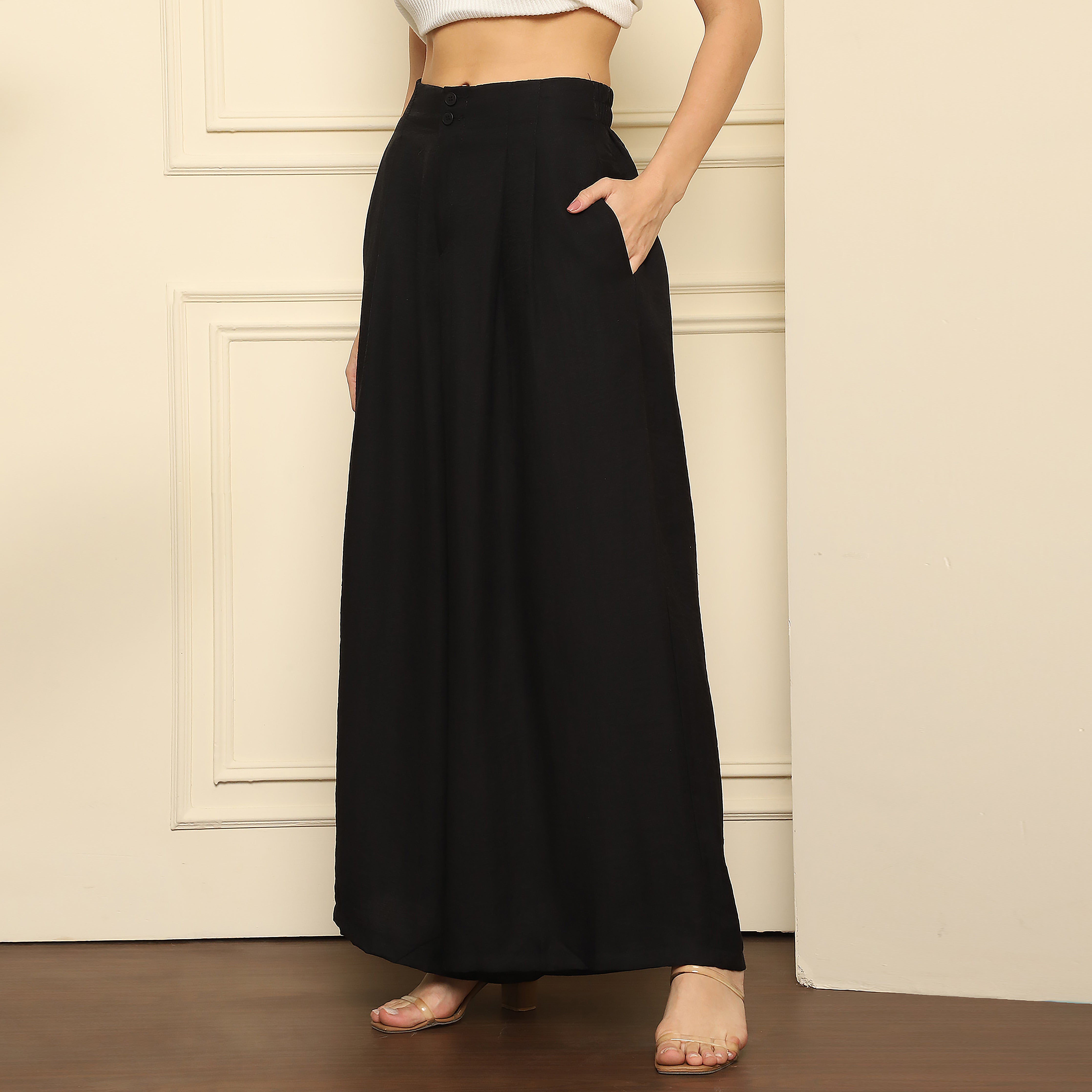 Flared Pleated Silk Blend Trousers