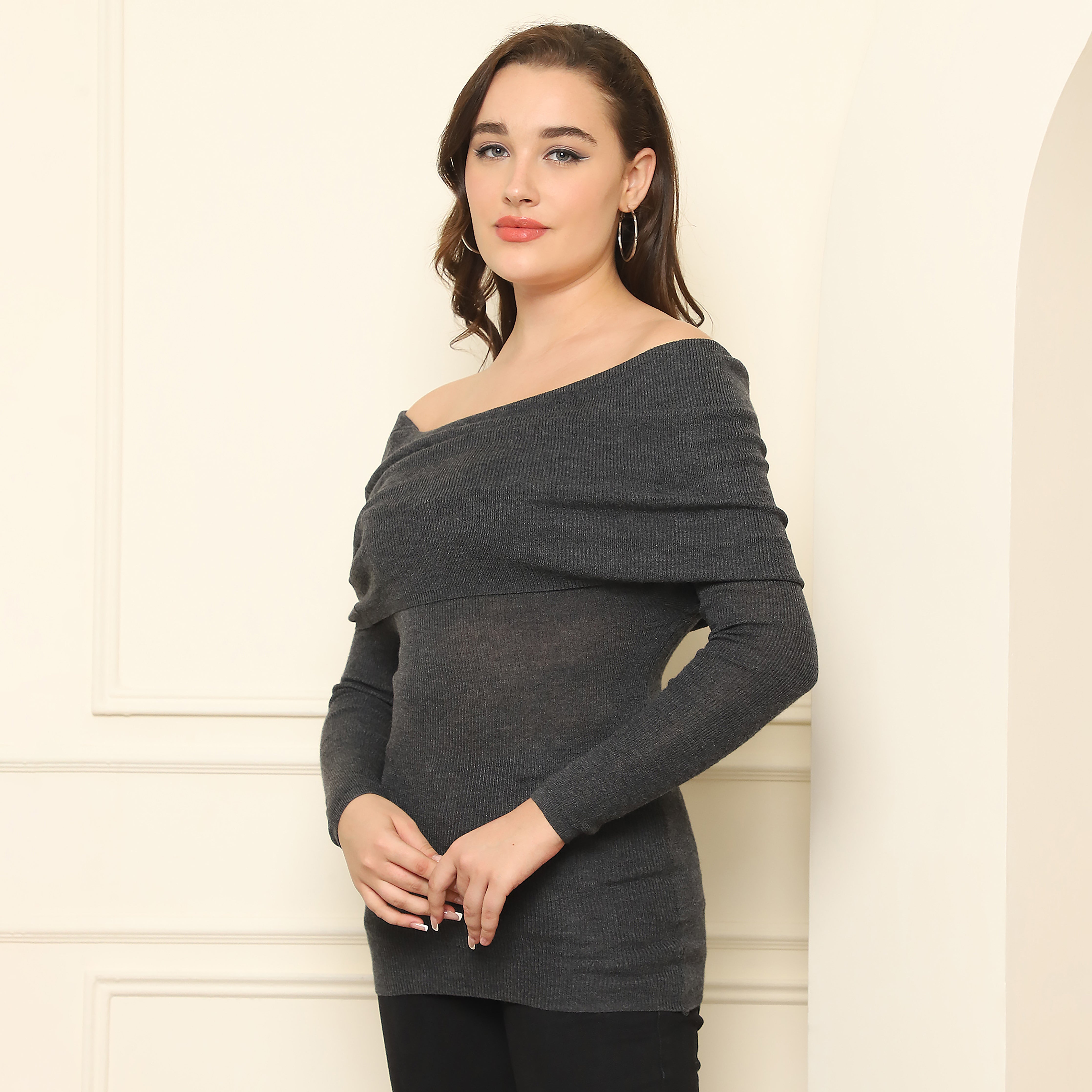Knitted Off-Shoulder Top - Charcoal