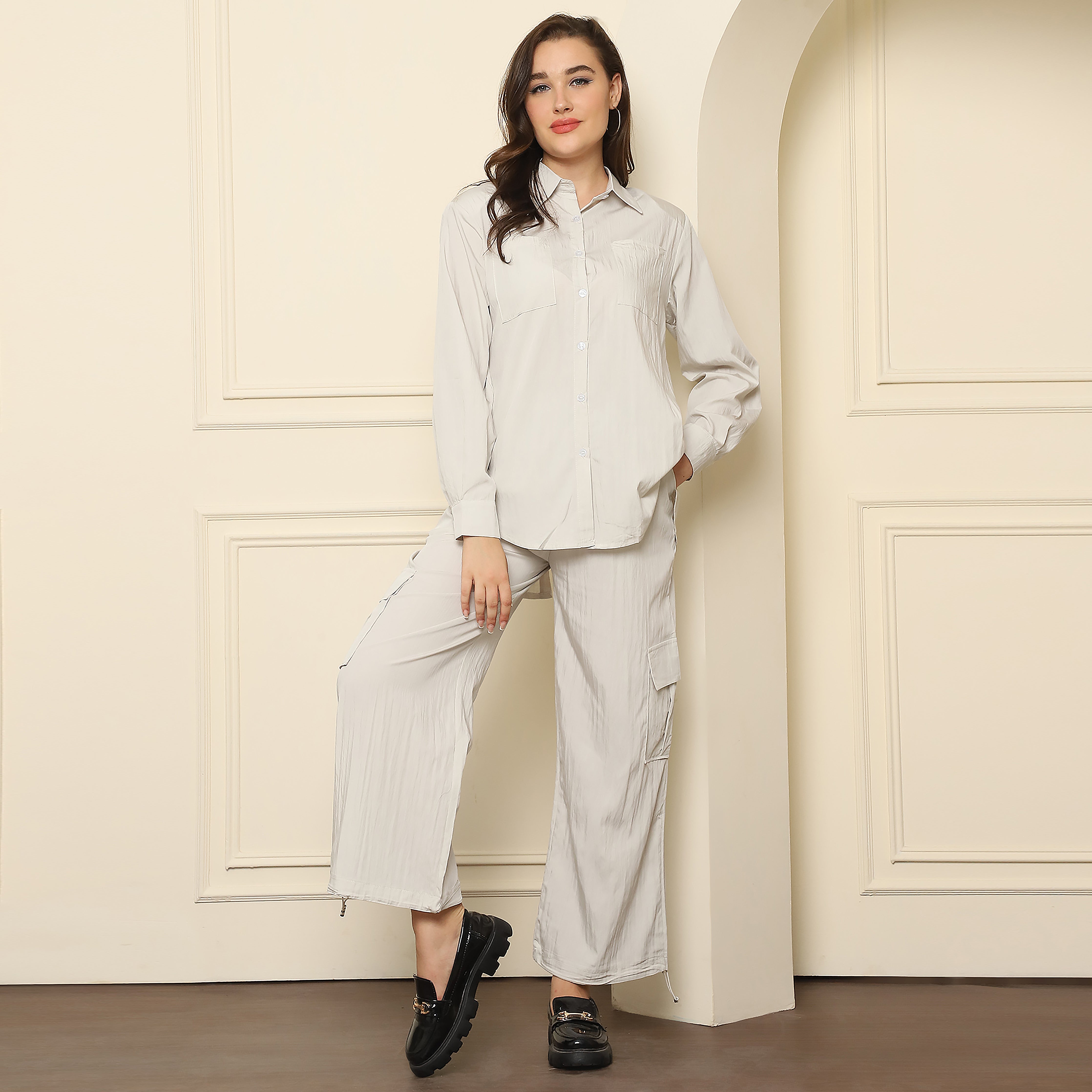 Steel Grey Crushed Crepe Co-Ord Set | Women's Stylish Two-Piece Set (S,M,L)