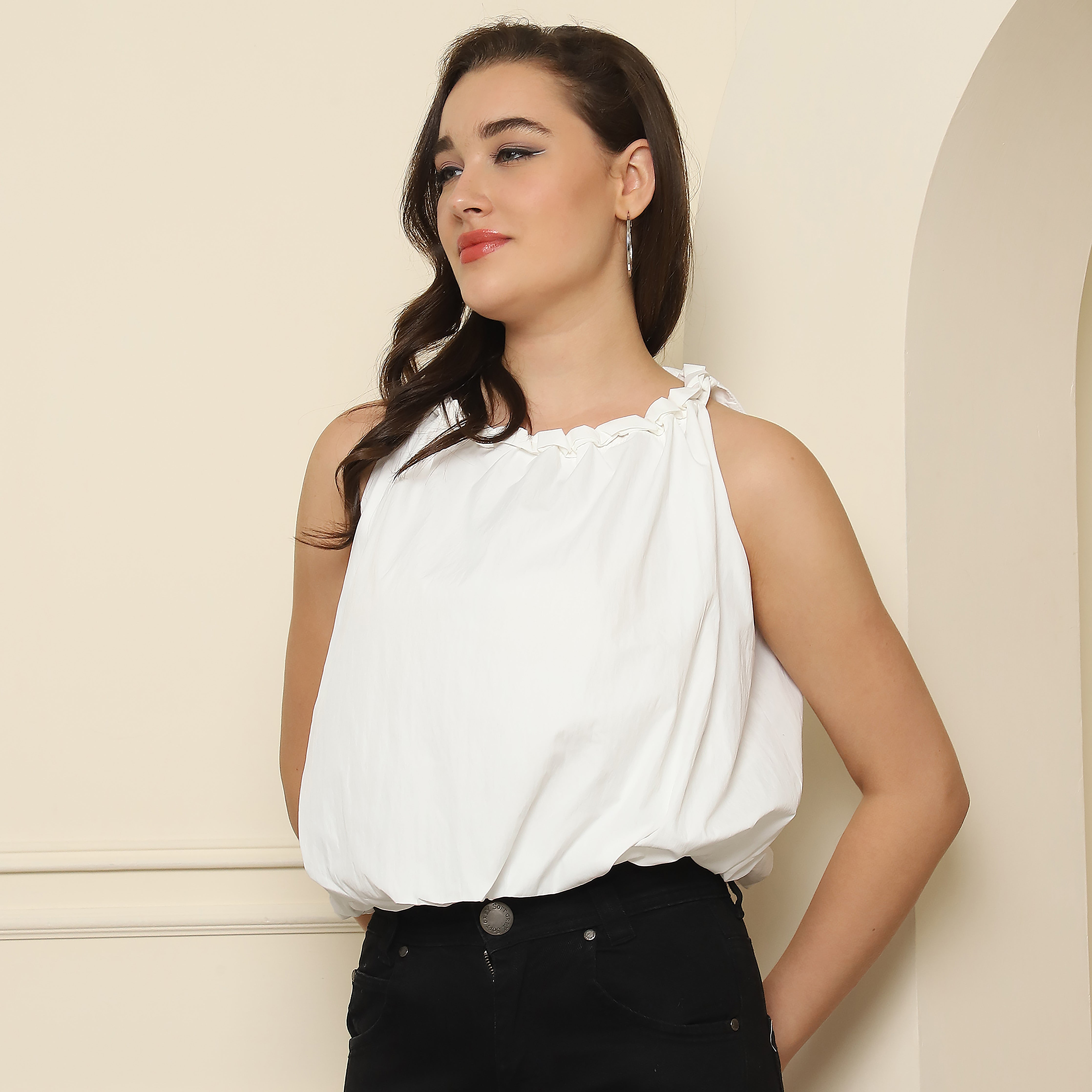 Halter Neck Balloon Top - White