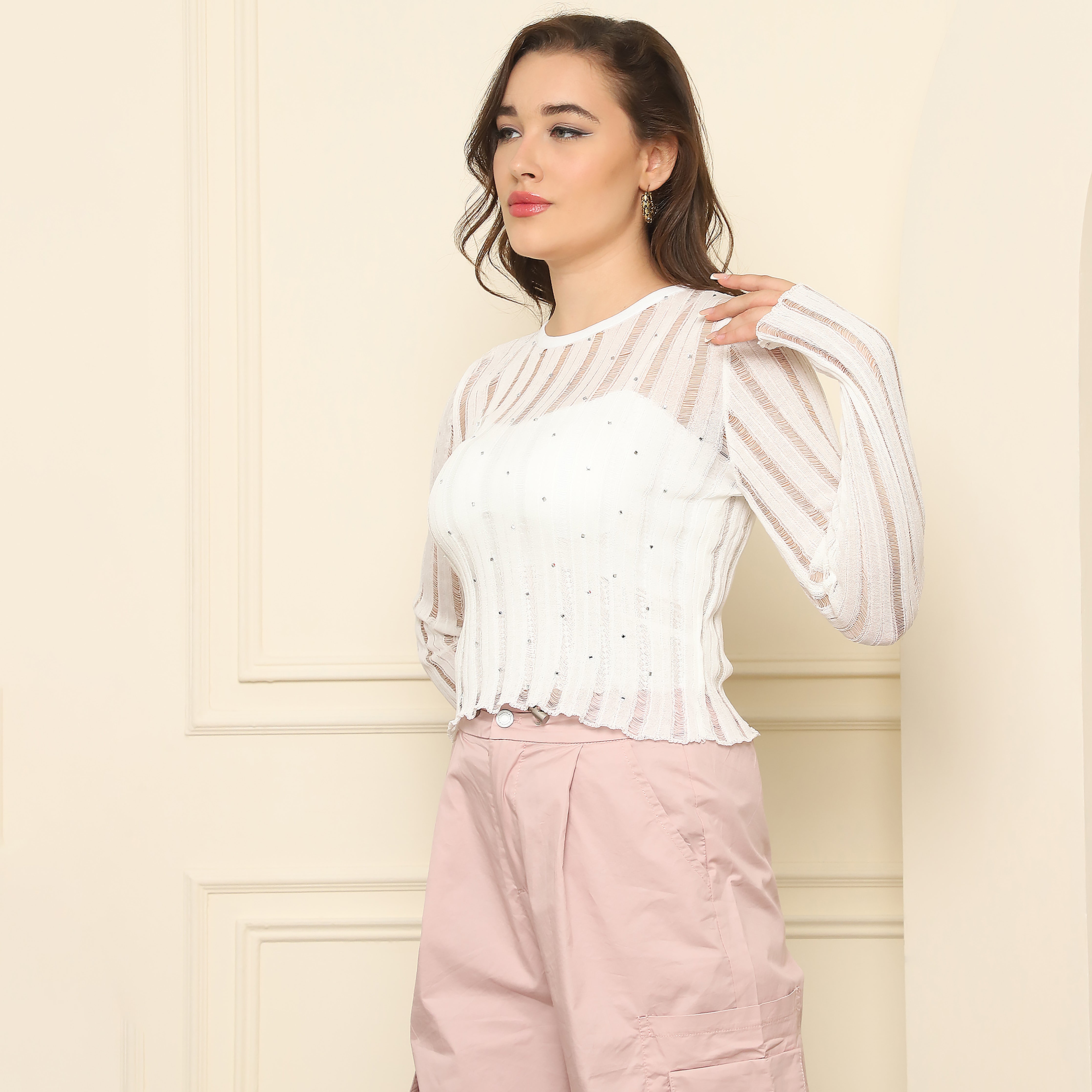 White Knitted Sheer Top with Rhinestones | 100% Acrylic