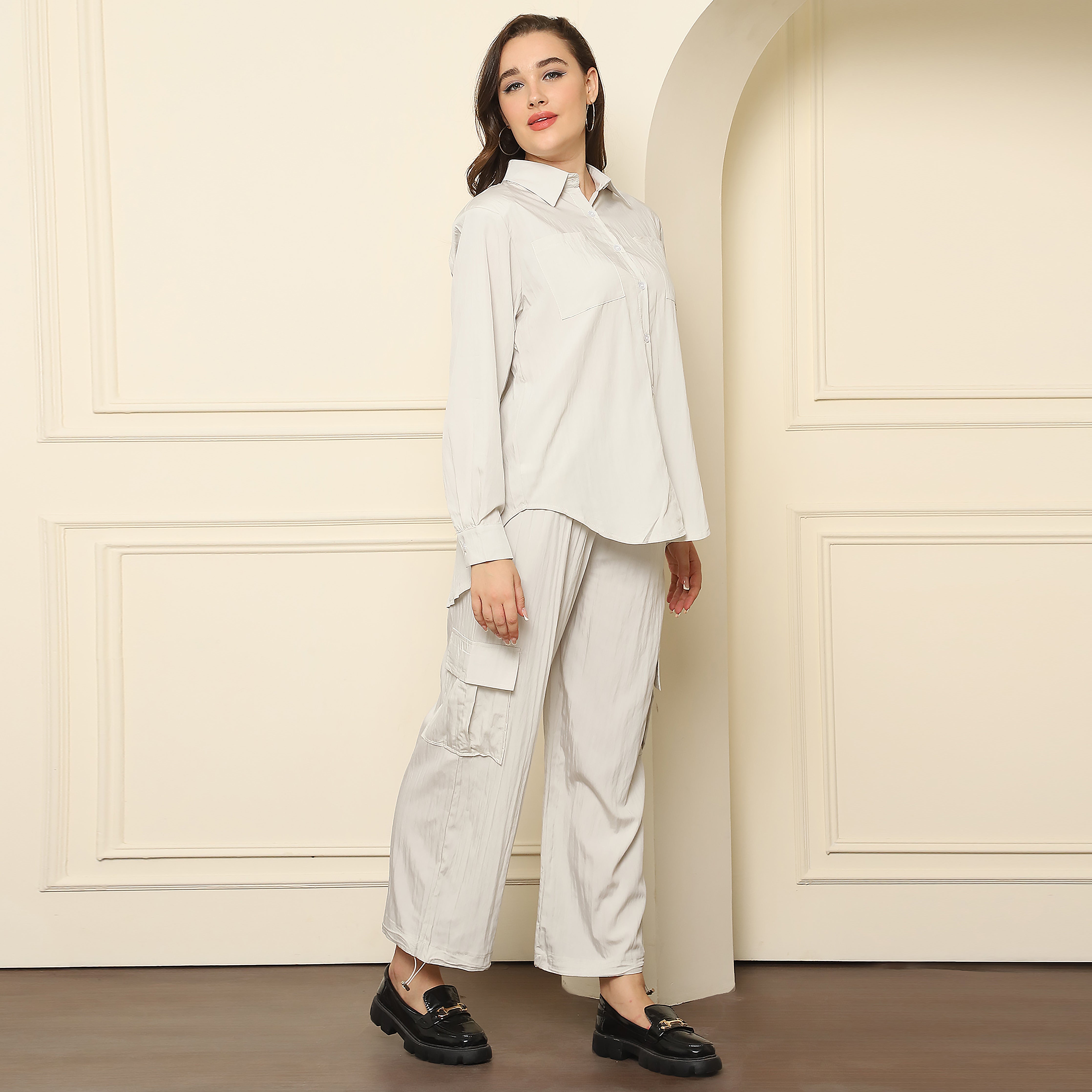 Steel Grey Crushed Crepe Co-Ord Set | Women's Stylish Two-Piece Set (S,M,L)