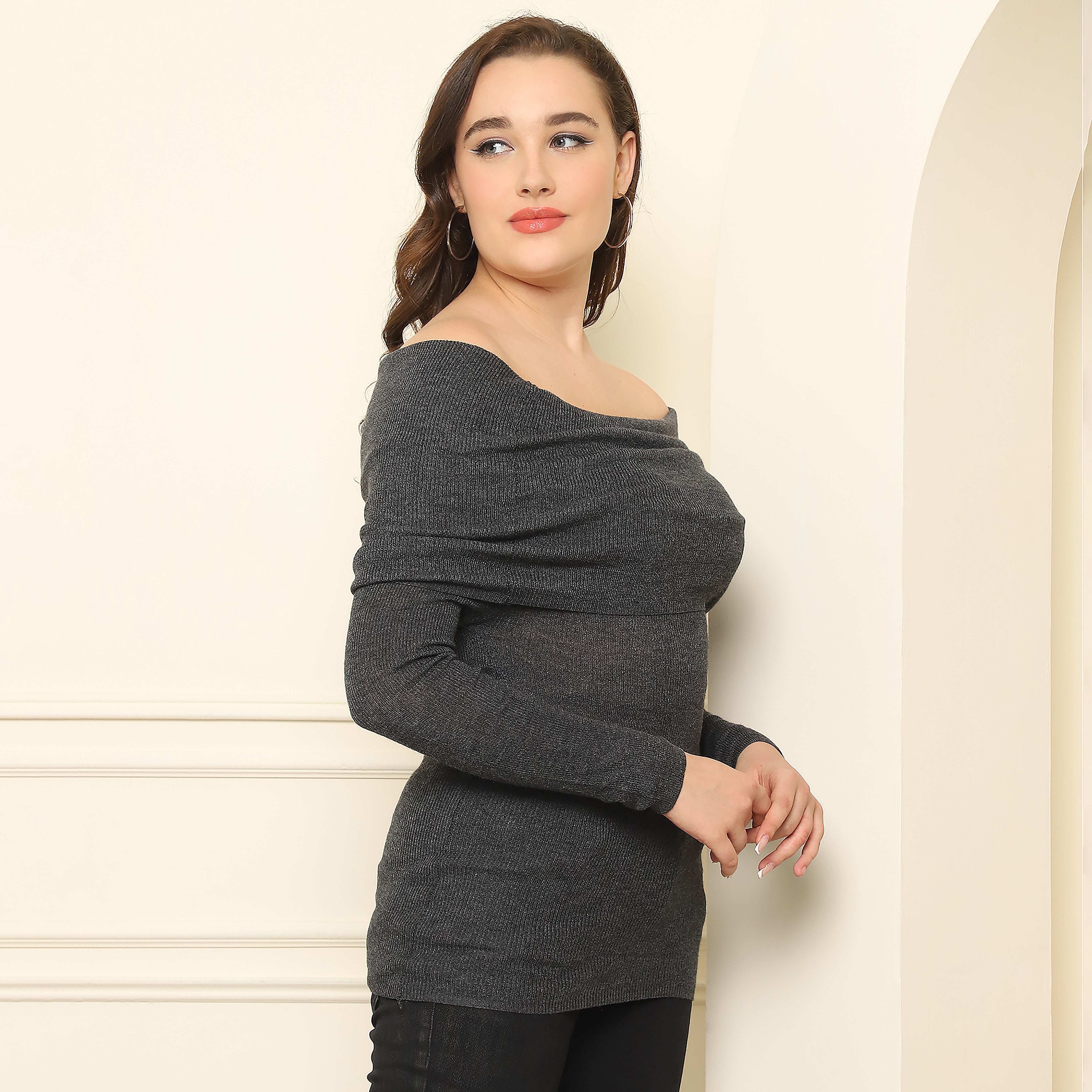 Knitted Off-Shoulder Top - Charcoal