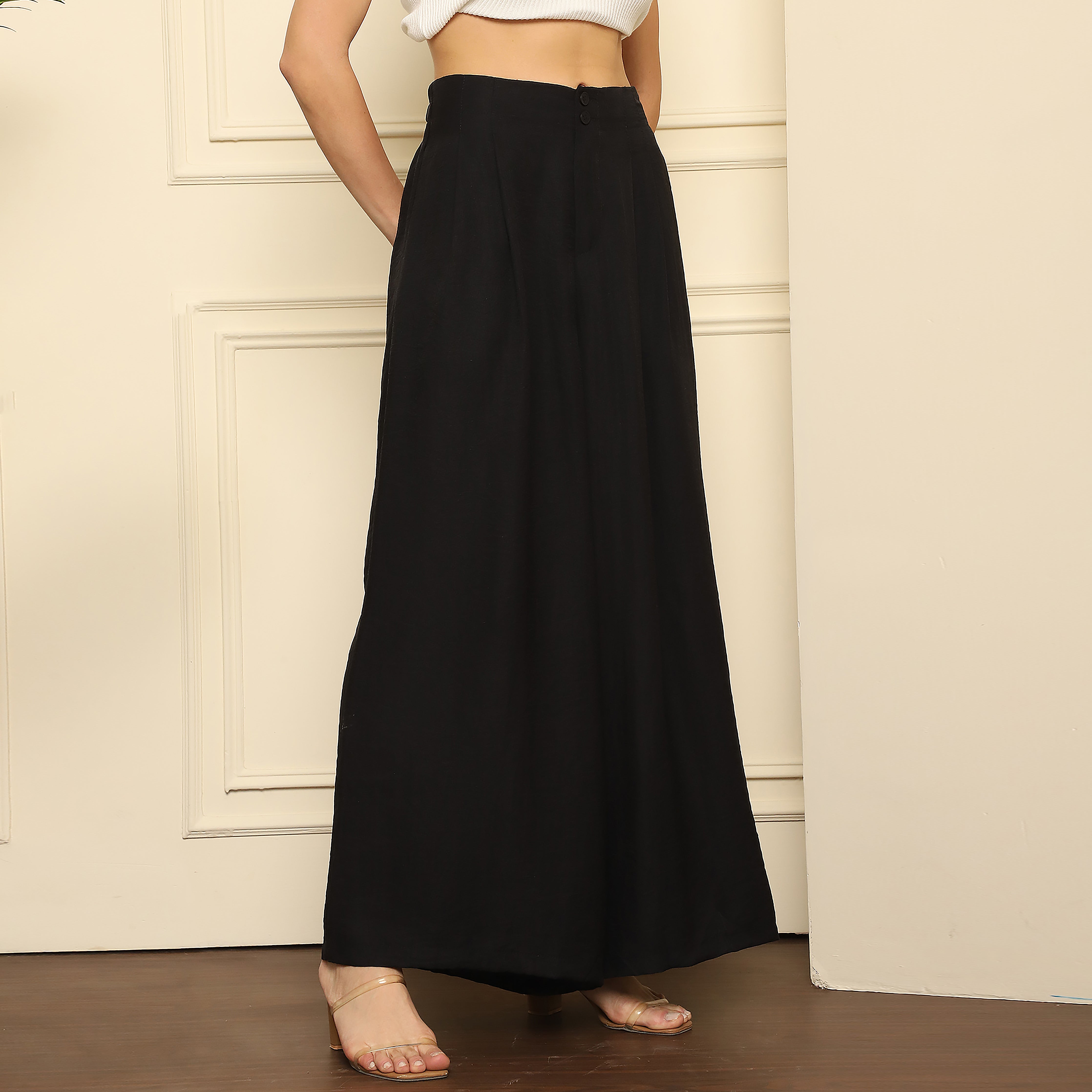 Flared Pleated Silk Blend Trousers