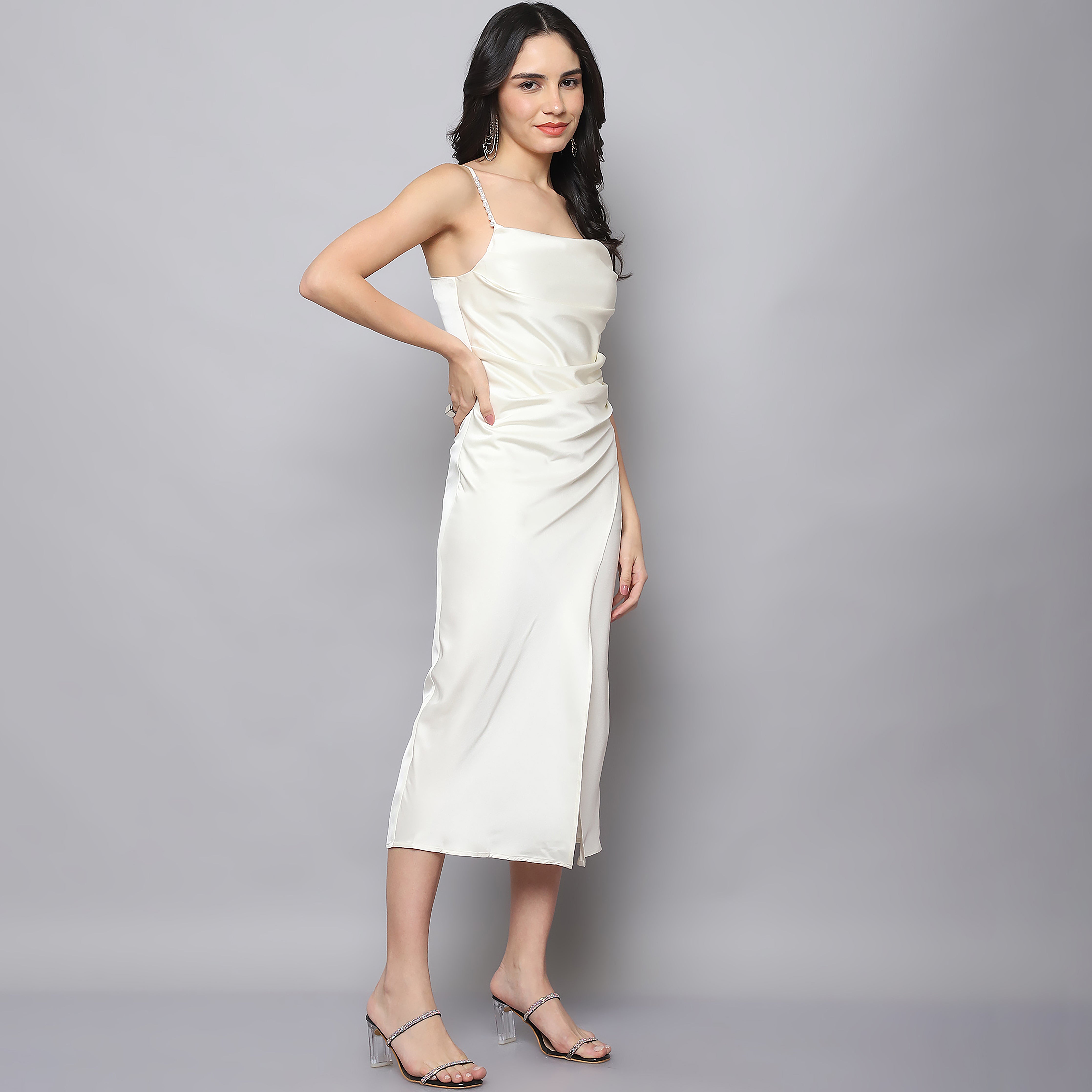 Women's Satin Ruched Split Bodycon Dress (Off White)