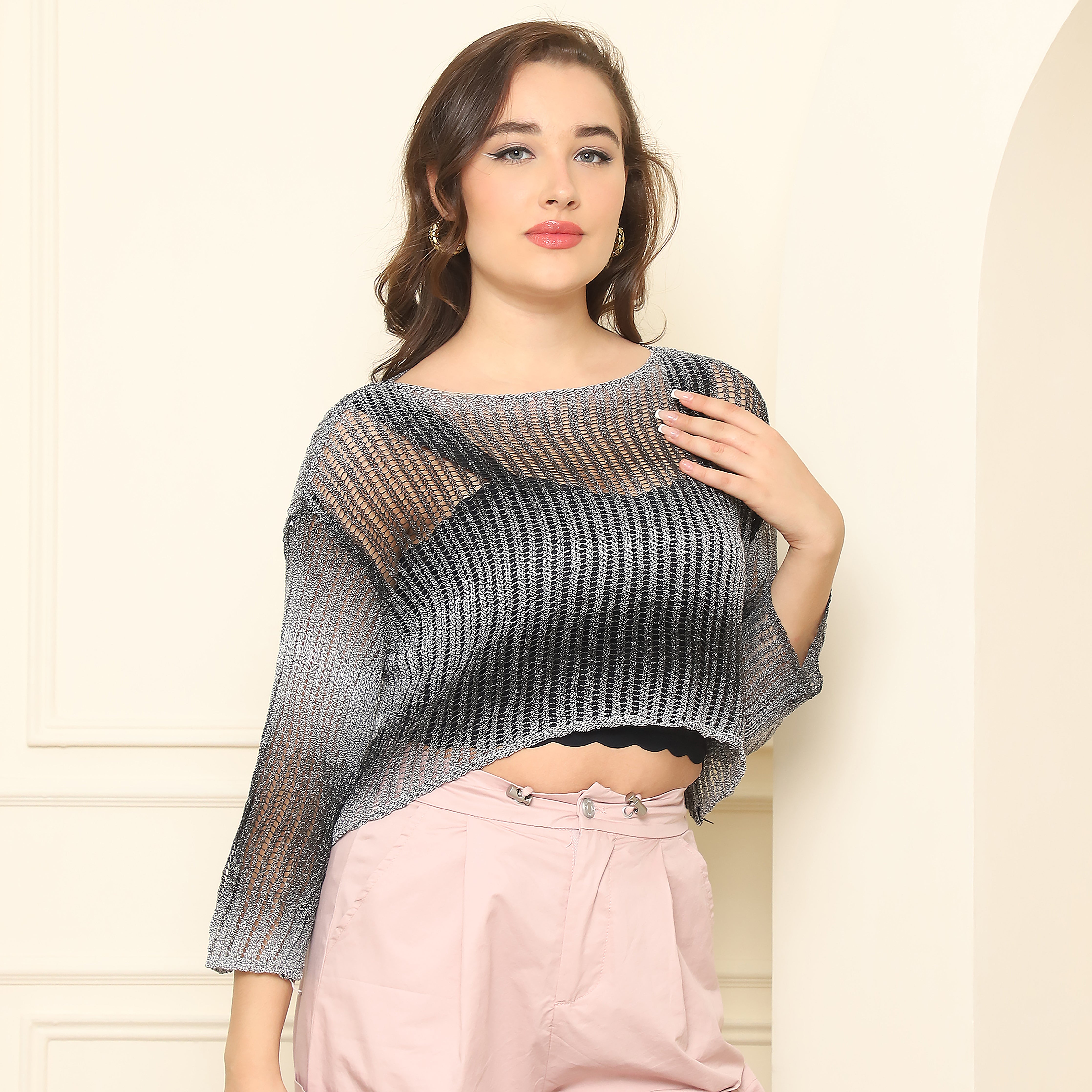 Black Knitted Crop Top | 100% Acrylic Lightweight Women's Sweater