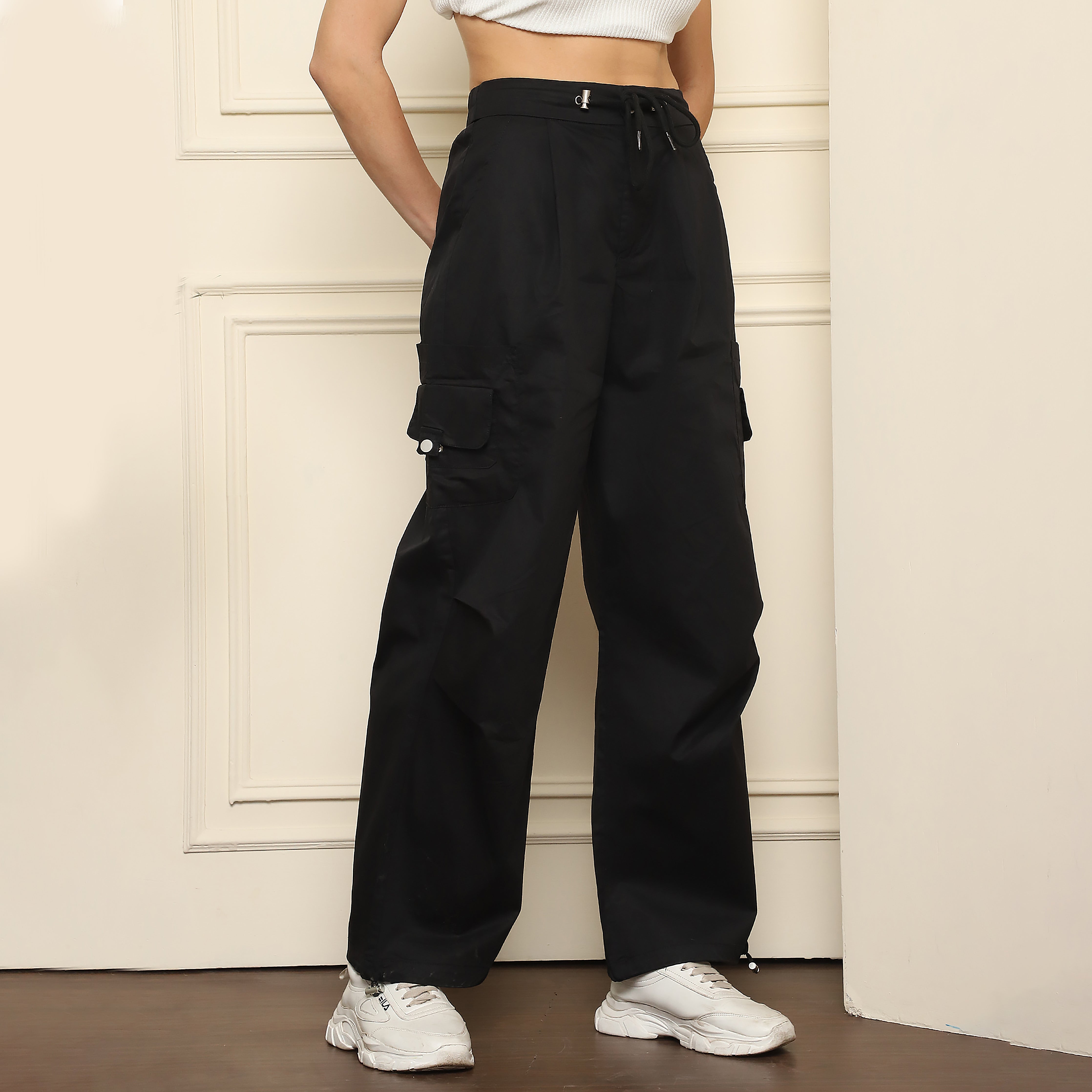 High-Waist Black Cargo Pants-Adjustable Drawstring