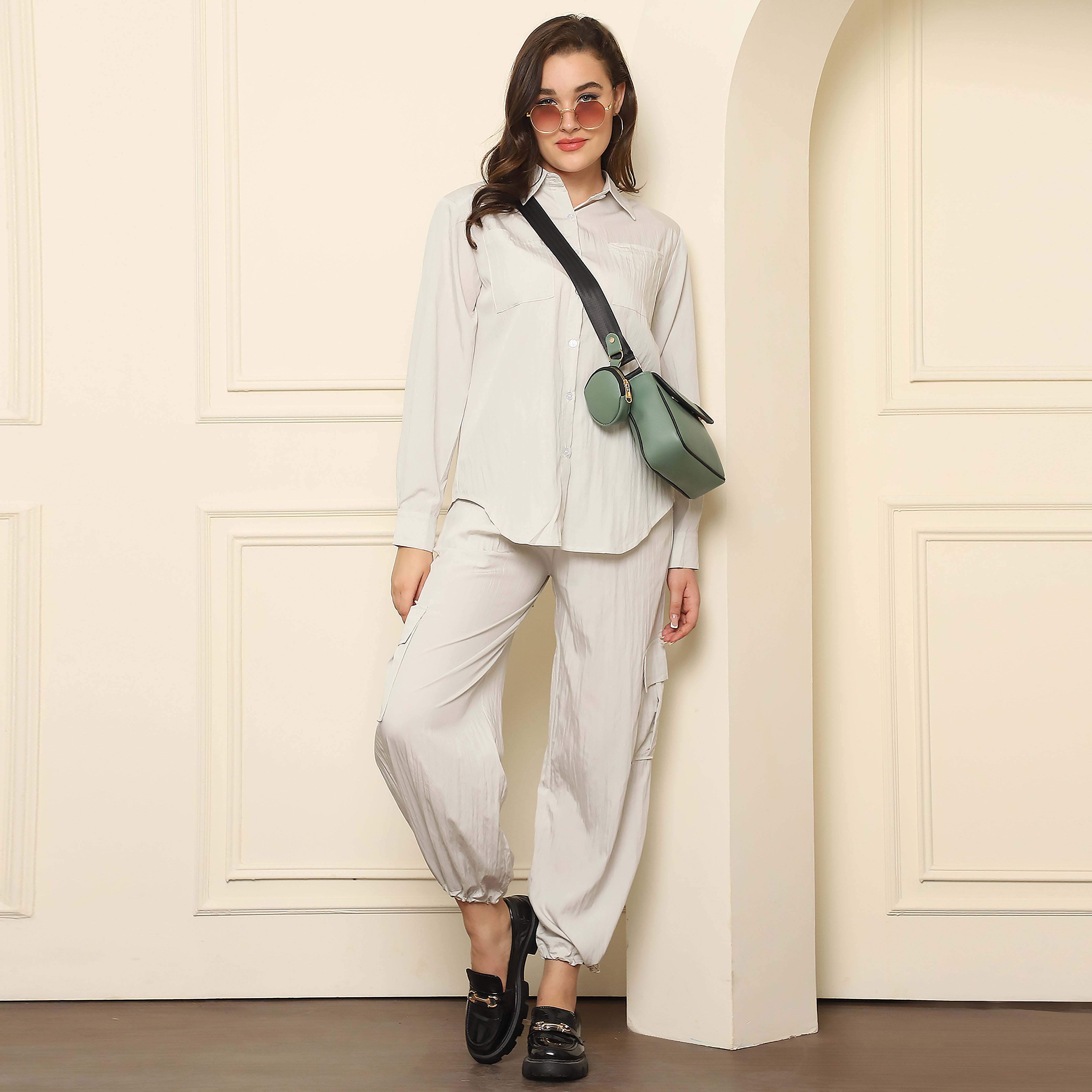 Steel Grey Crushed Crepe Co-Ord Set | Women's Stylish Two-Piece Set (S,M,L)