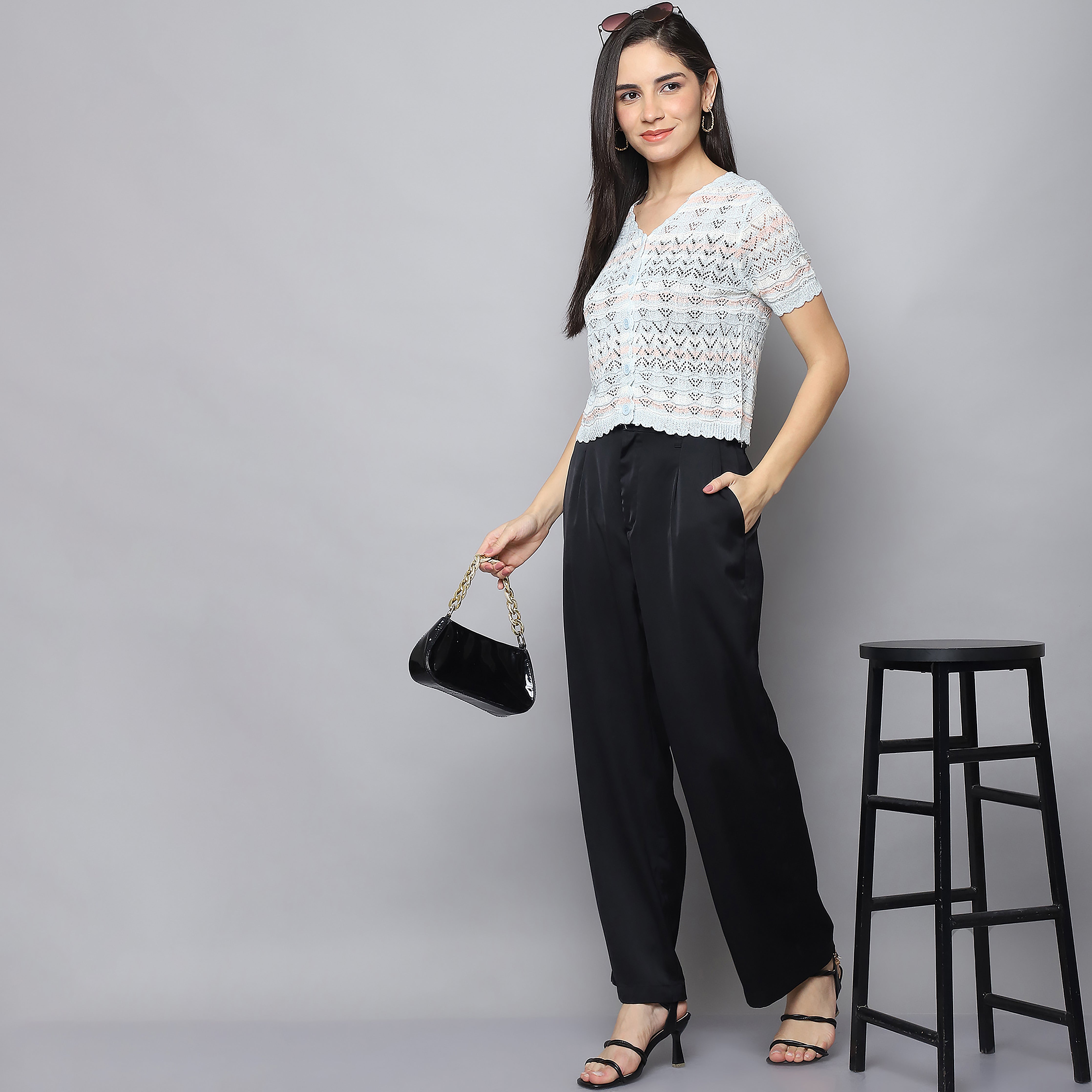 Button-Down Knitted Lace Top – Sky Blue