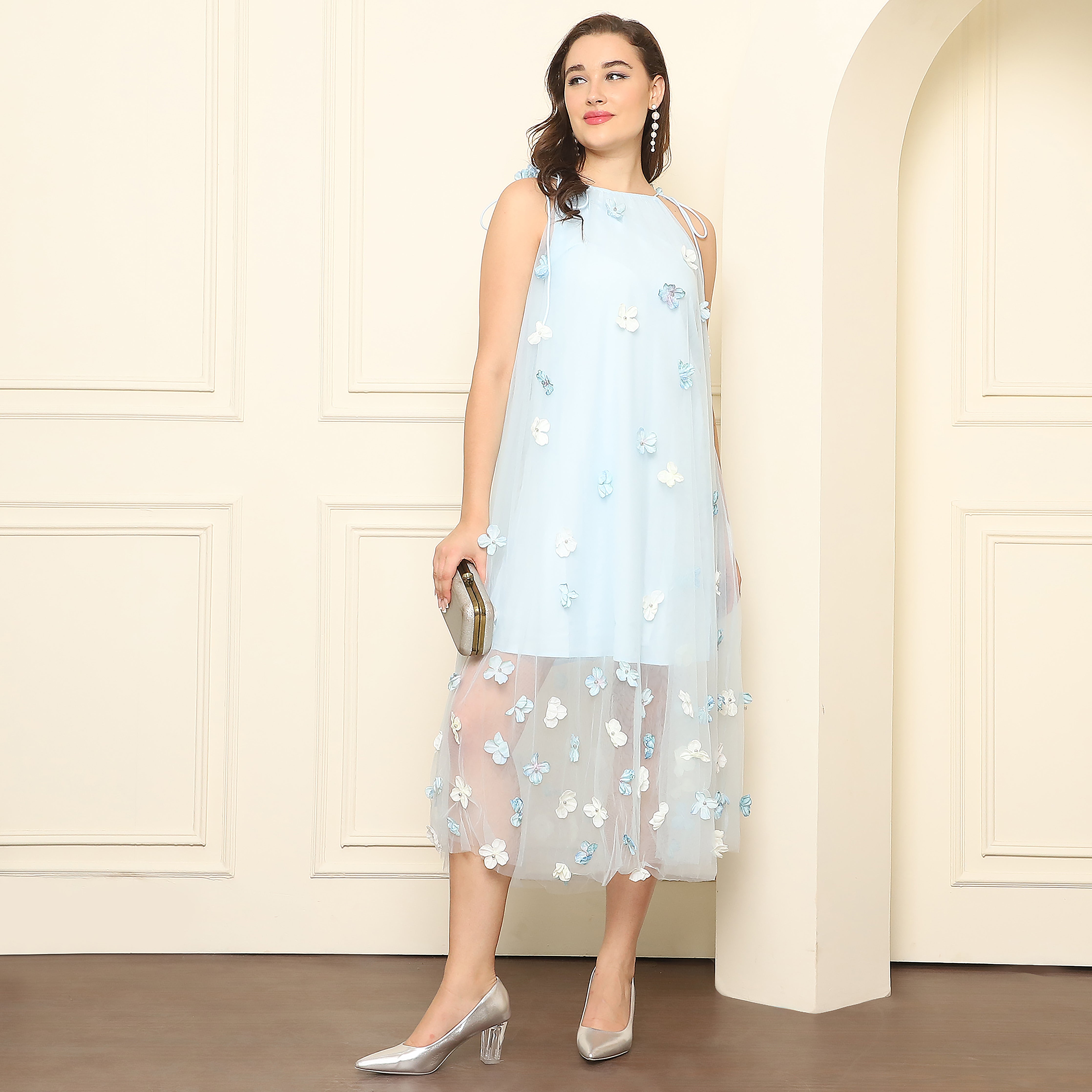 Midi Net Floral Dress – Sky Blue Dream