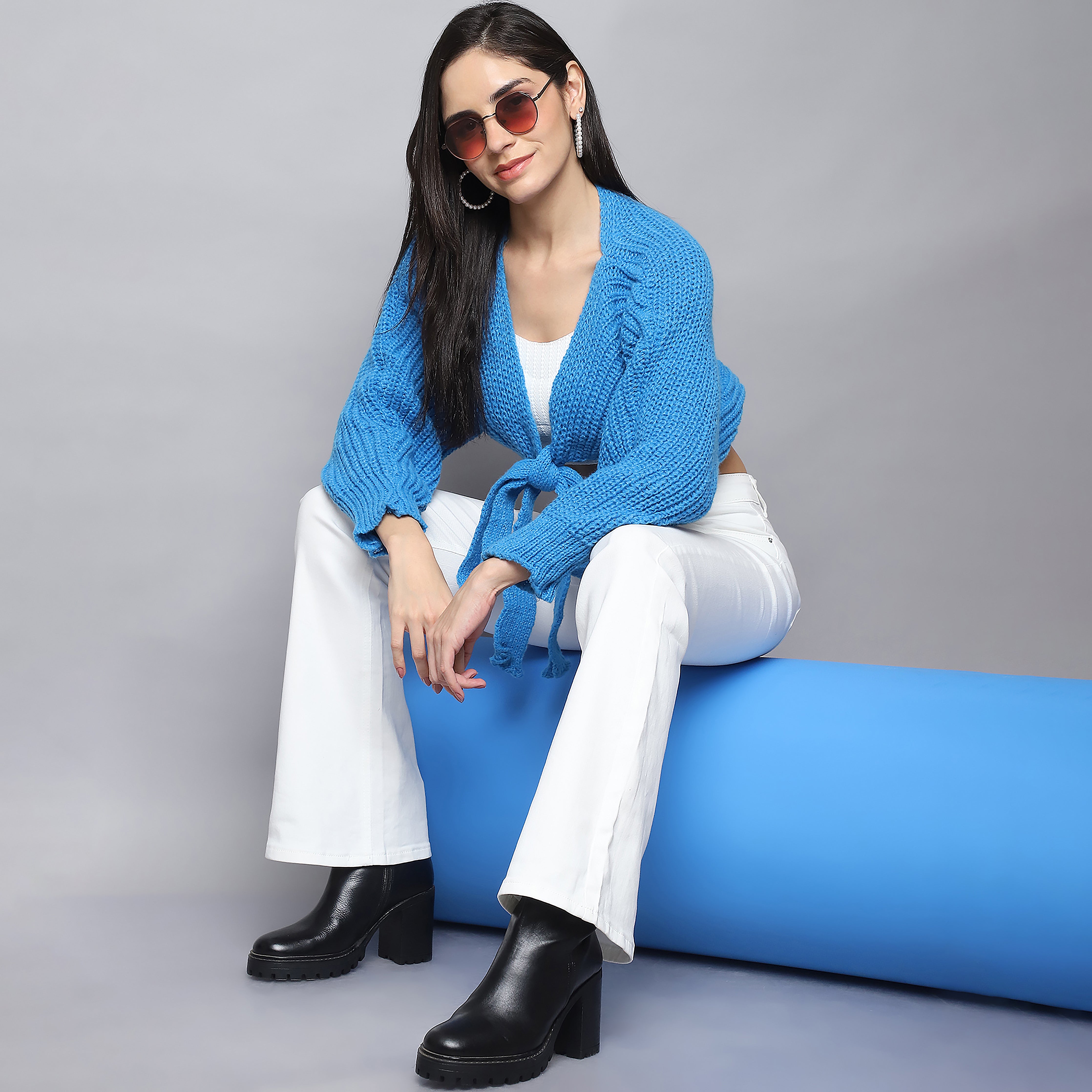 Cozy Chic Woolen Tie-Up Shrug (Royal Blue)