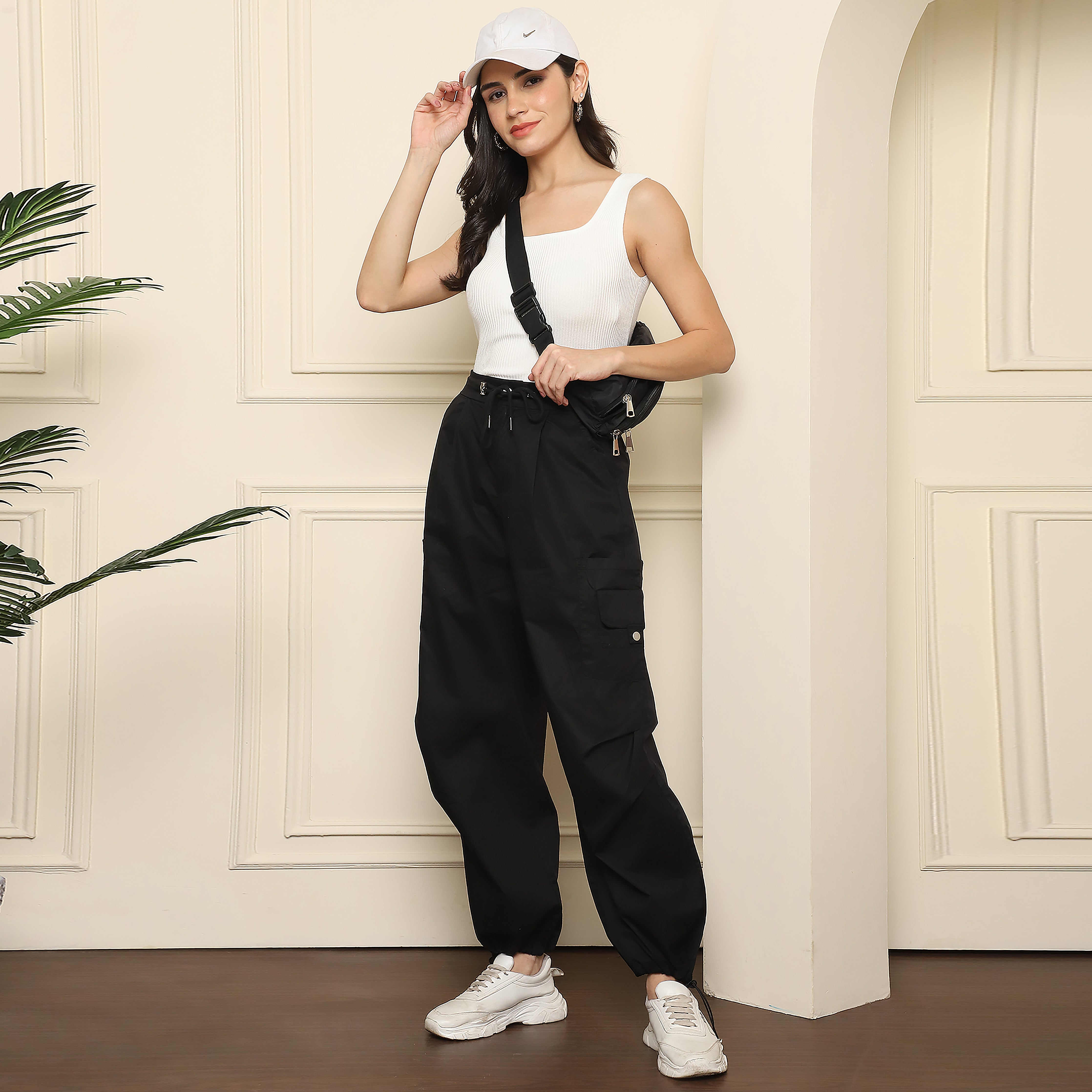 High-Waist Black Cargo Pants-Adjustable Drawstring
