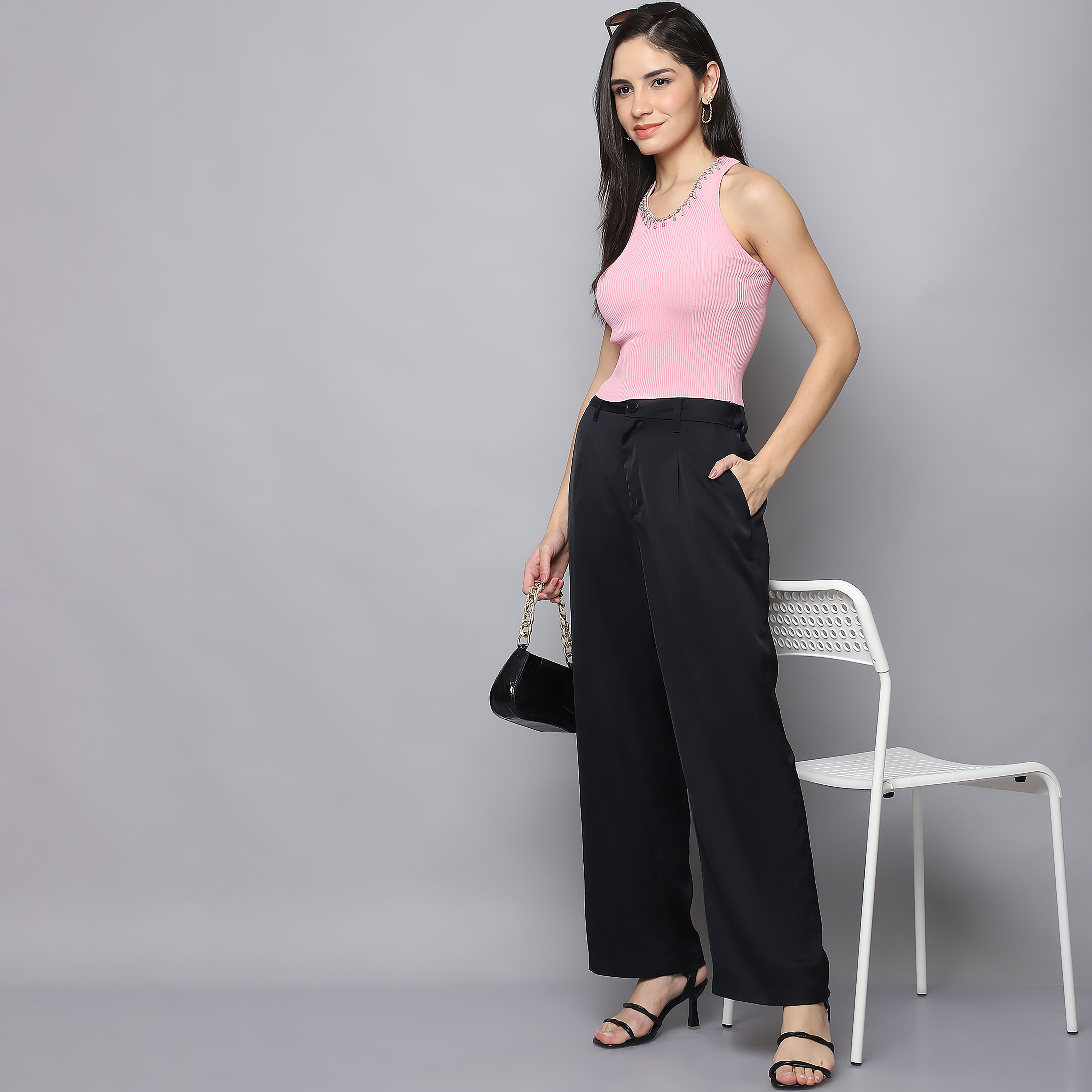 Embellished Ribbed Knitted Top – Rose Pink
