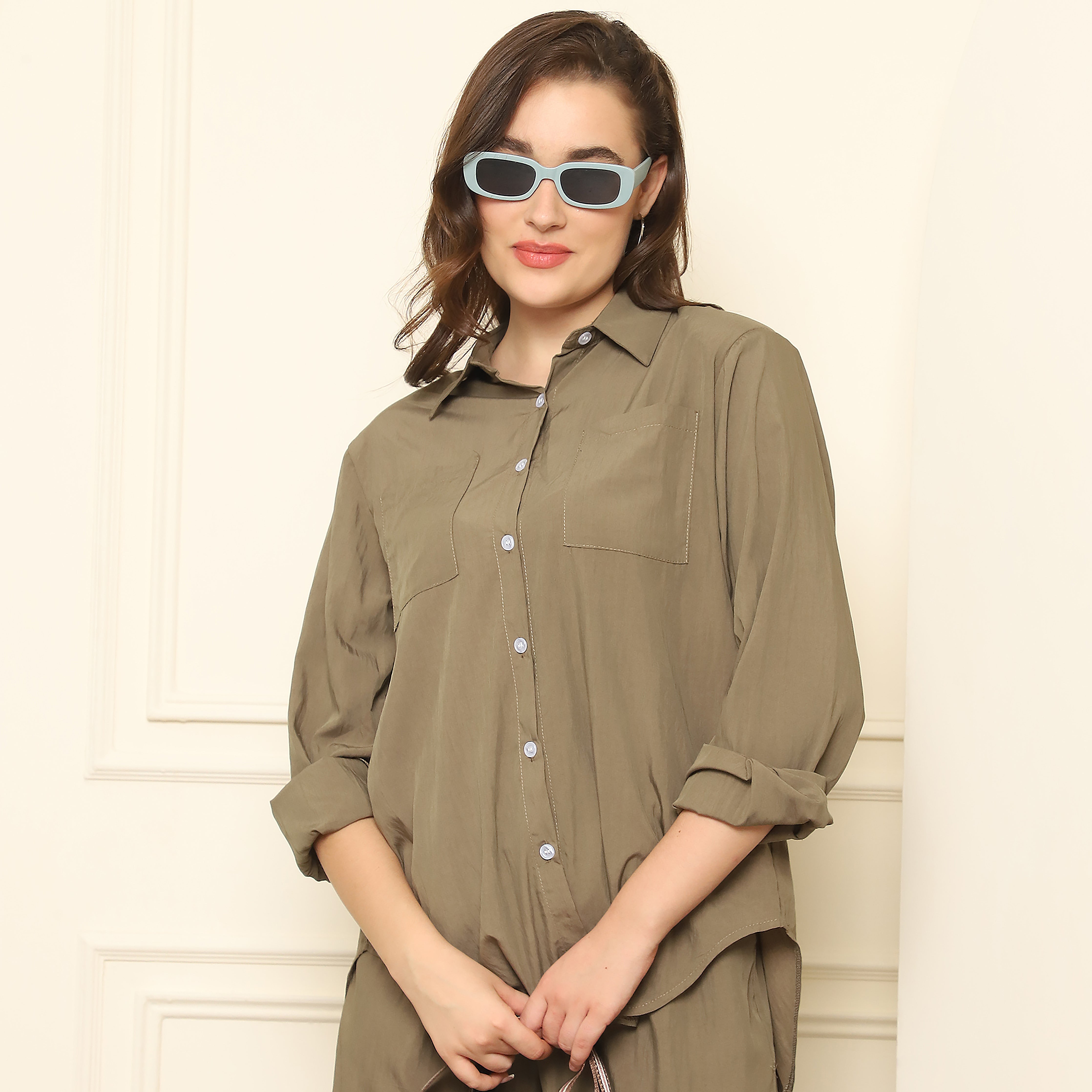 Khaki Crushed Crepe Co-Ord Set | Stylish Two-Piece Women's Outfit (S,M,L)