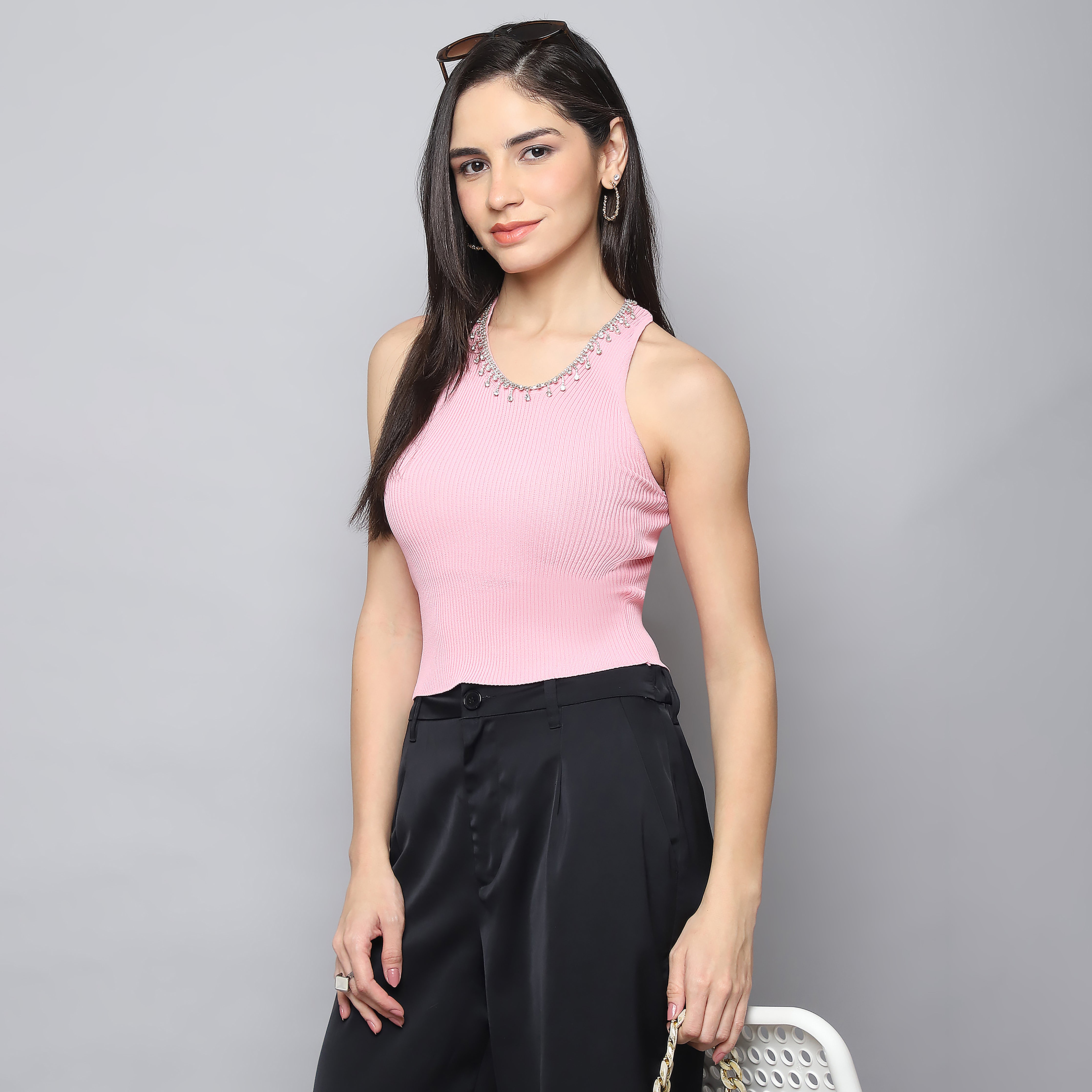 Embellished Ribbed Knitted Top – Rose Pink