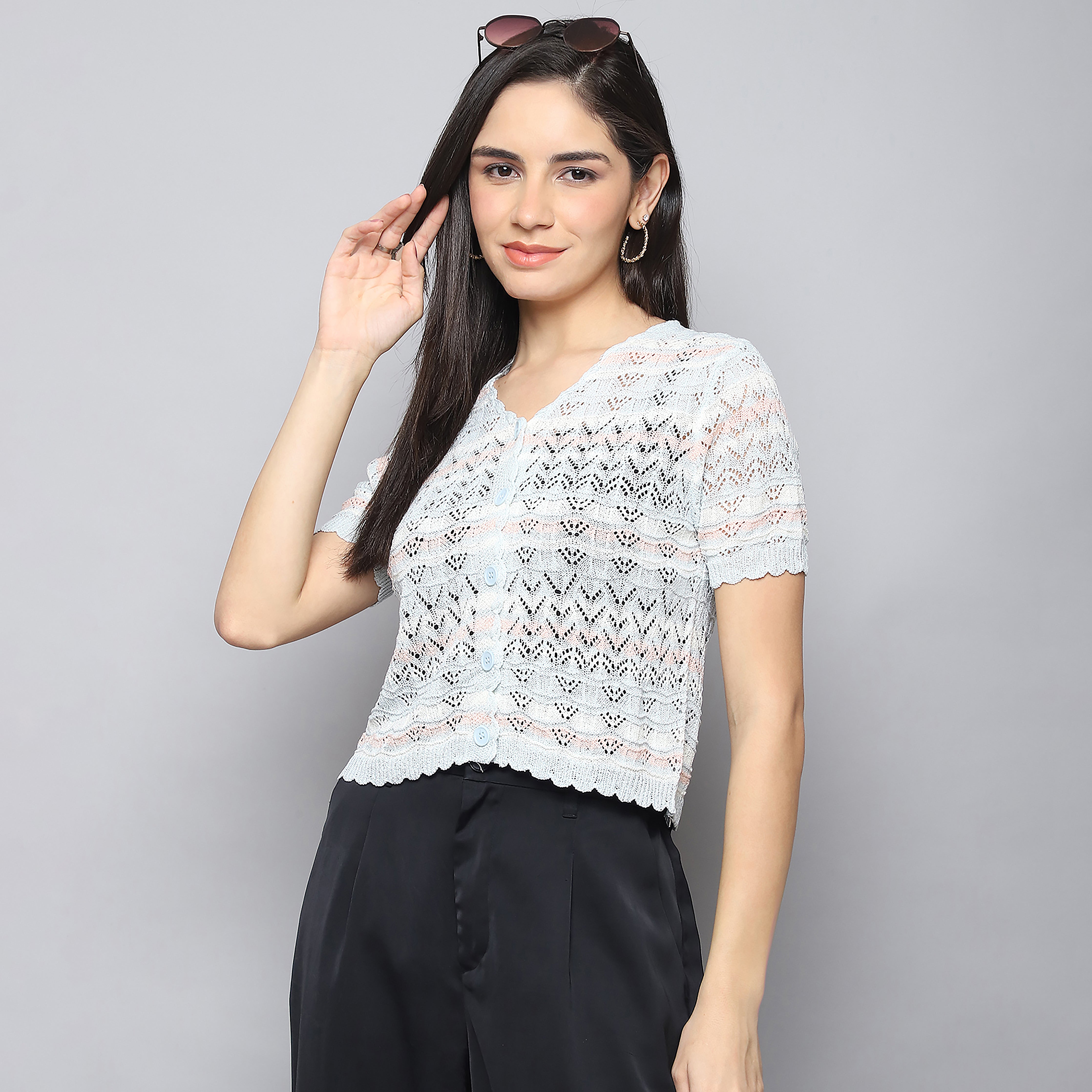 Button-Down Knitted Lace Top – Sky Blue