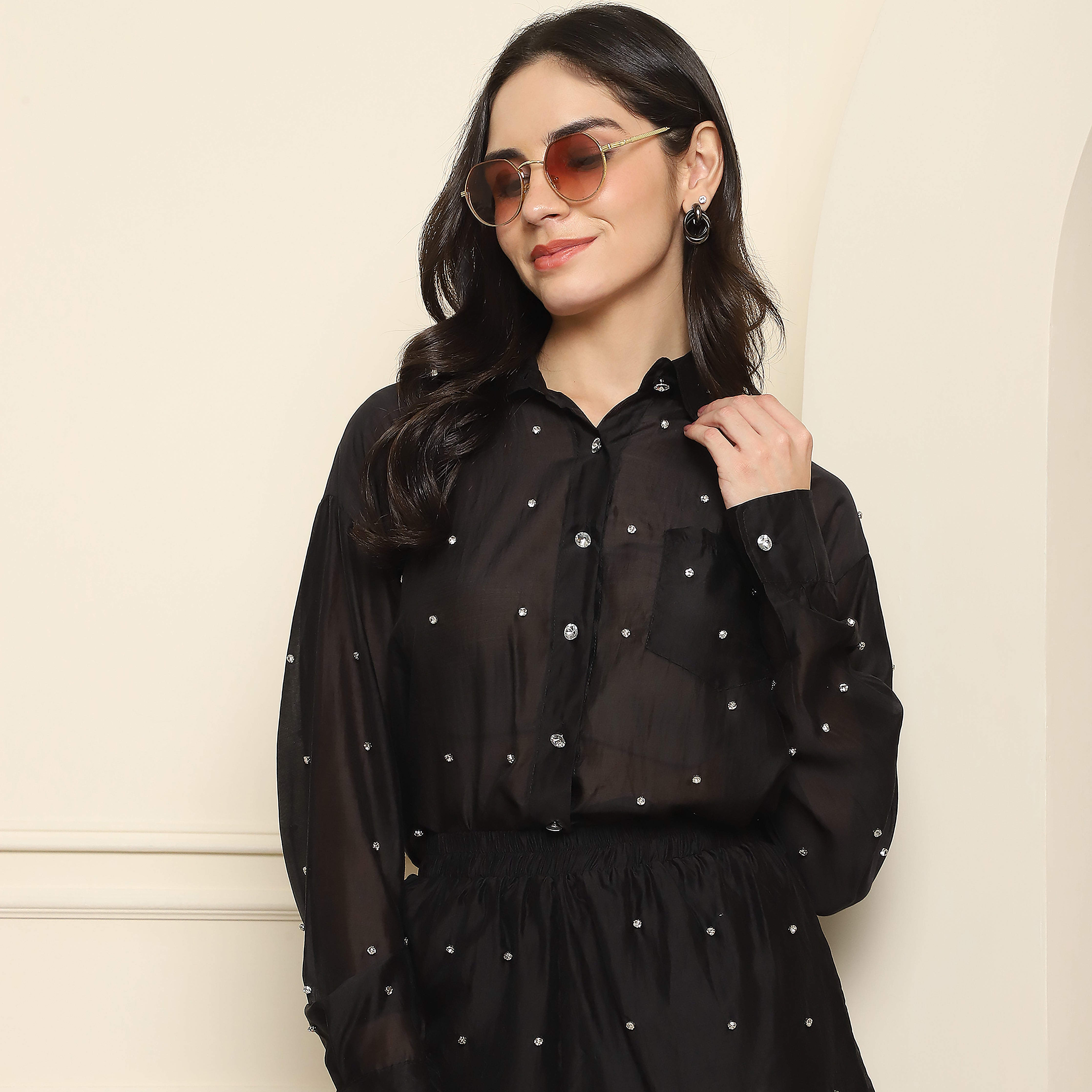 Embellished Shirt and Shorts Co-ord Set - Black