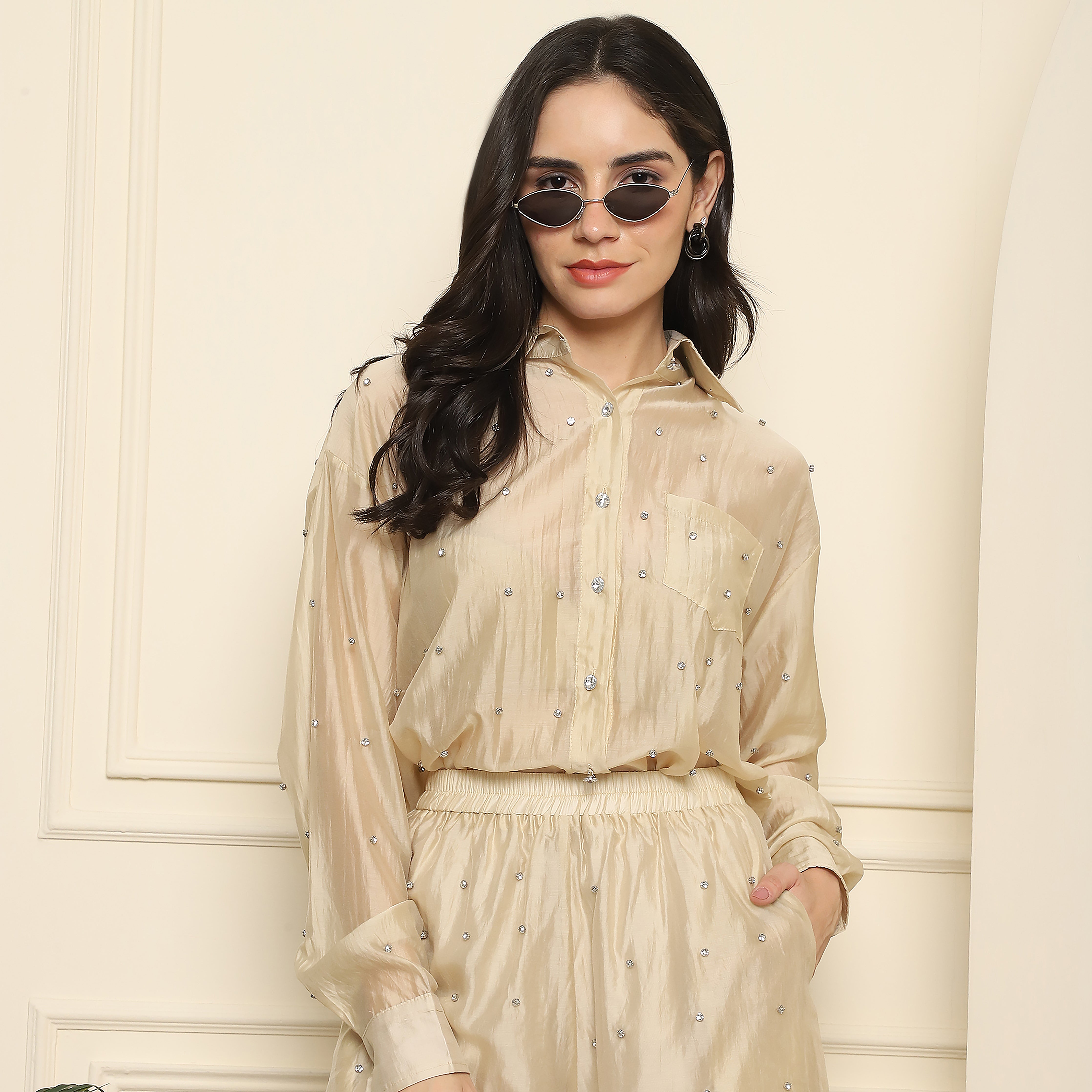 Embellished Shirt and Shorts Co-ord Set - Gold