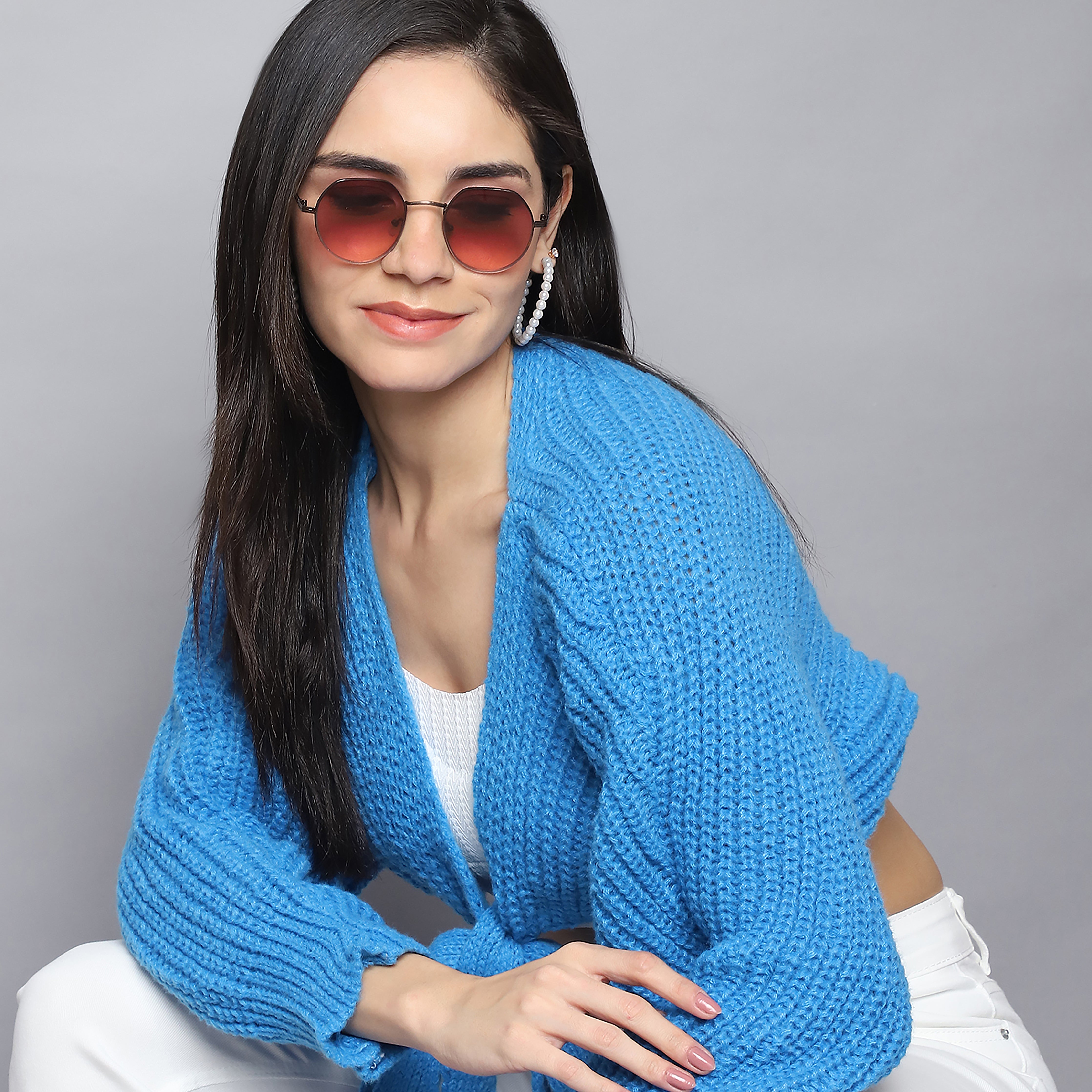 Cozy Chic Woolen Tie-Up Shrug (Royal Blue)