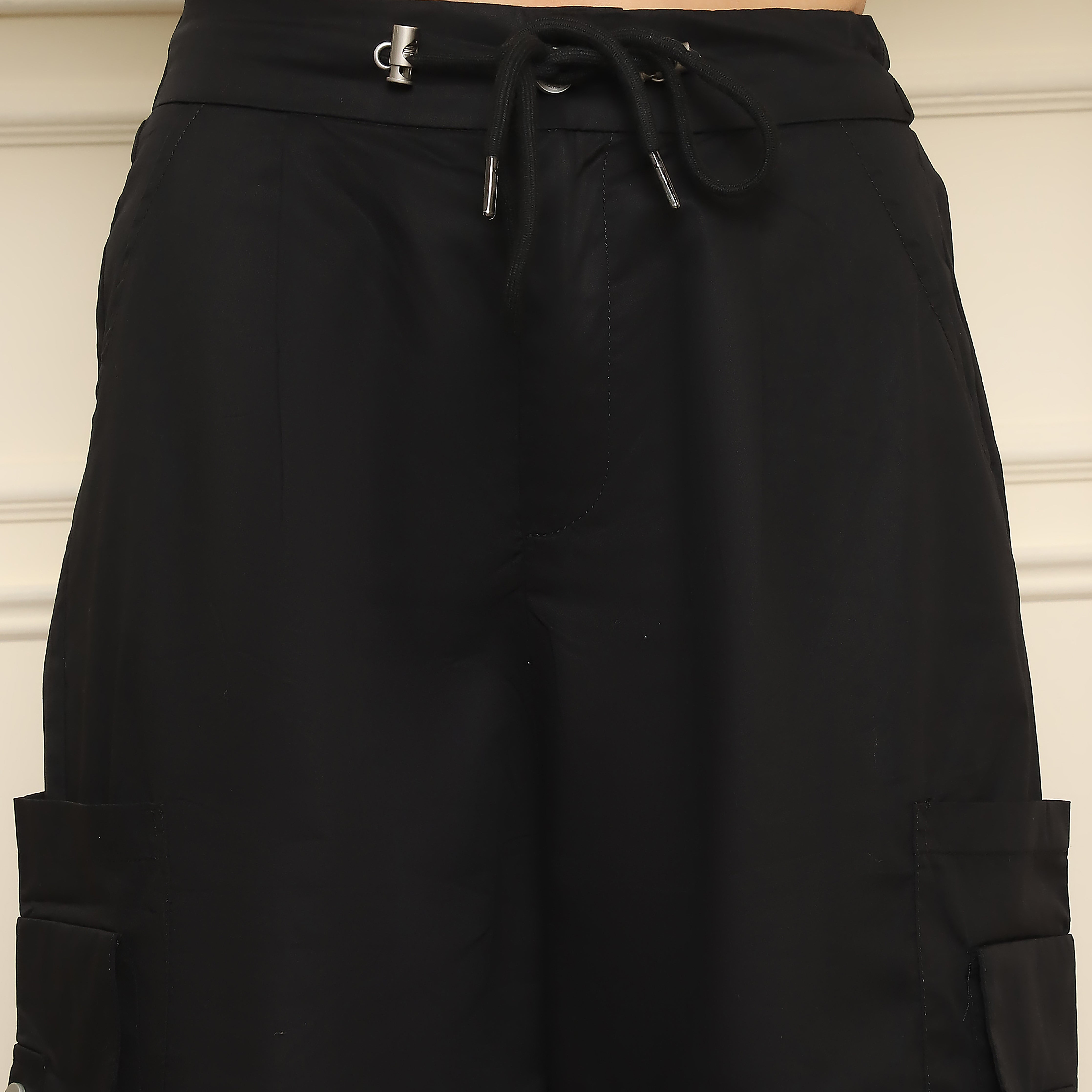 High-Waist Black Cargo Pants-Adjustable Drawstring