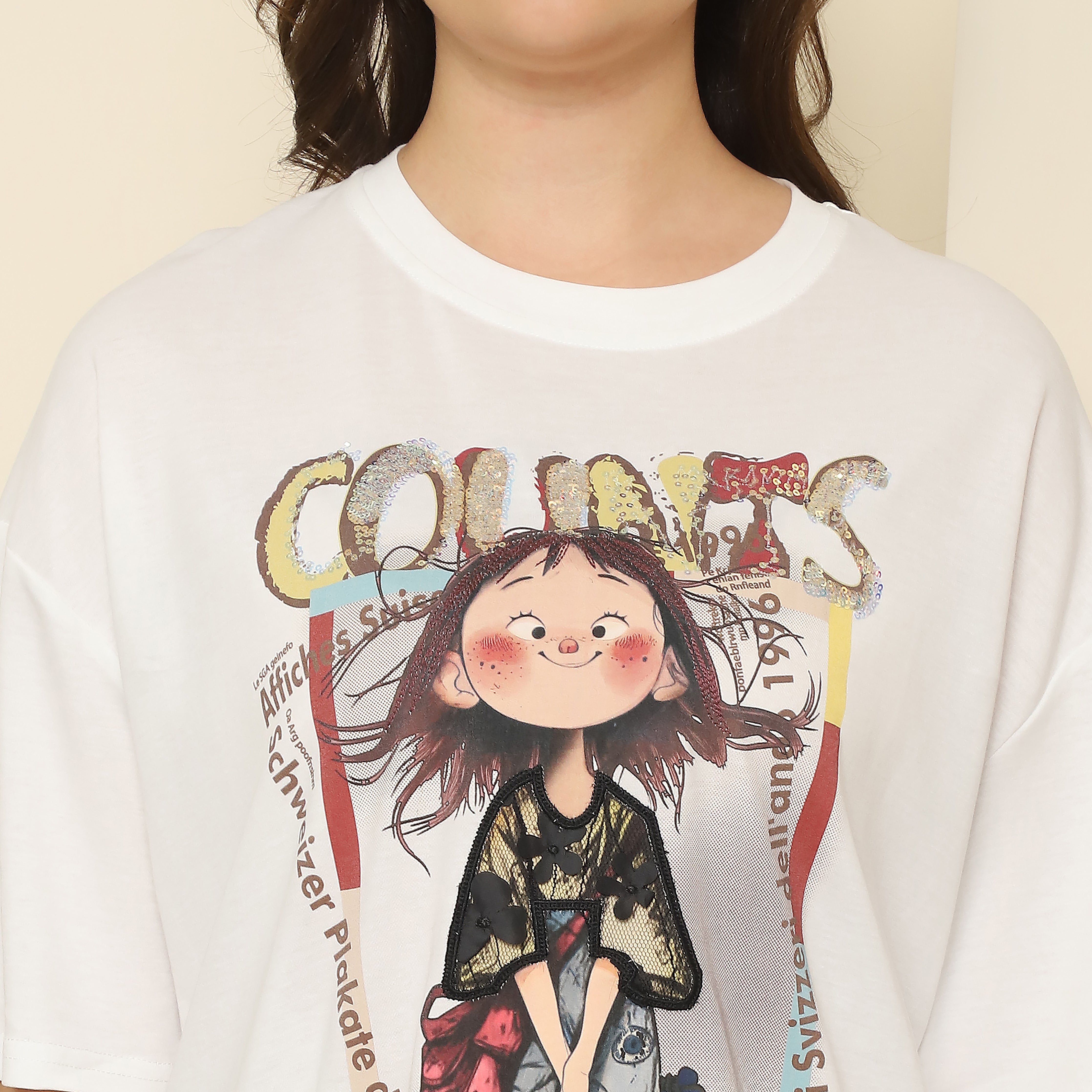 Trending over sized shirt white color printed plus hand worked