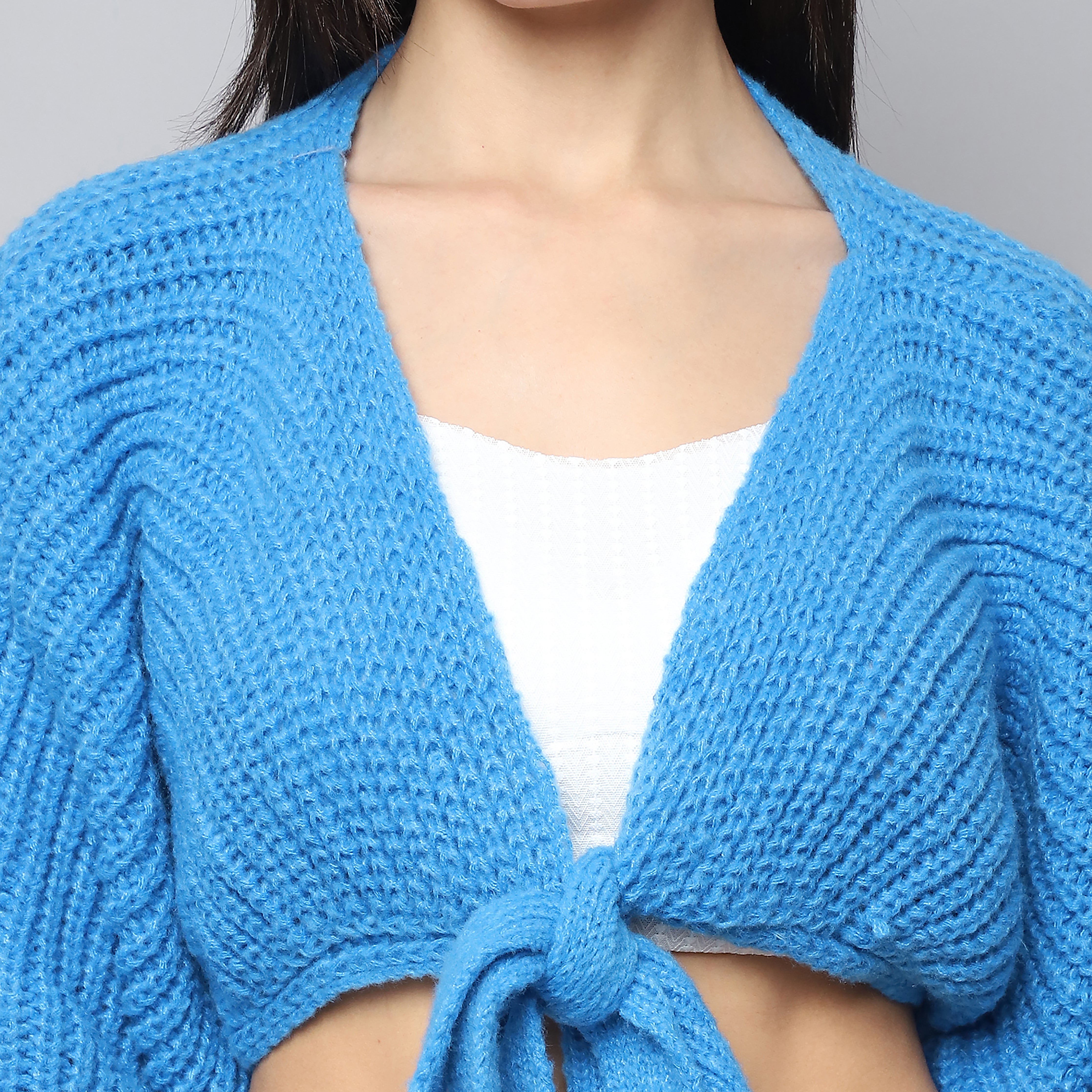 Cozy Chic Woolen Tie-Up Shrug (Royal Blue)