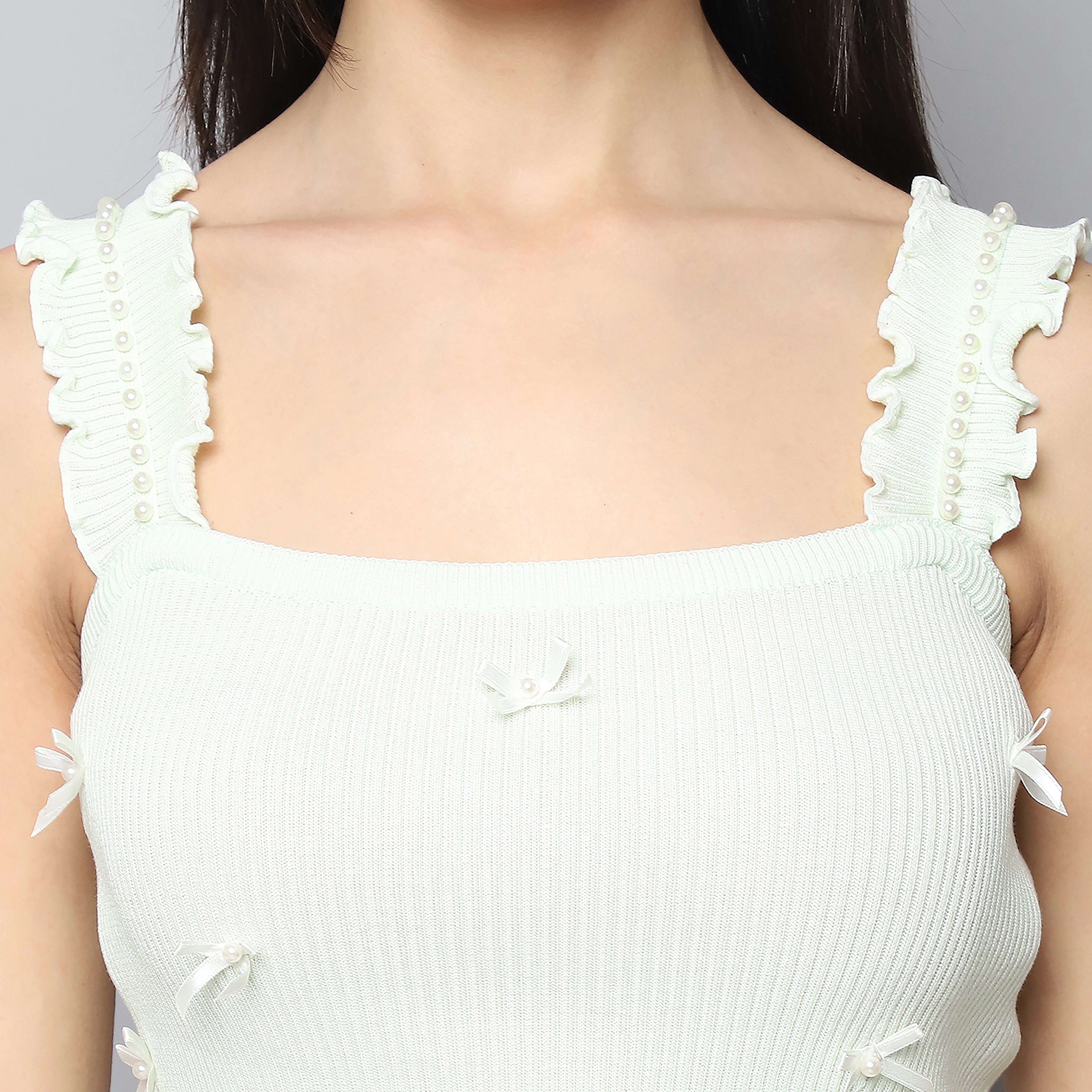 Bow-Embellished Ribbed Knitted Tank Top – Mint