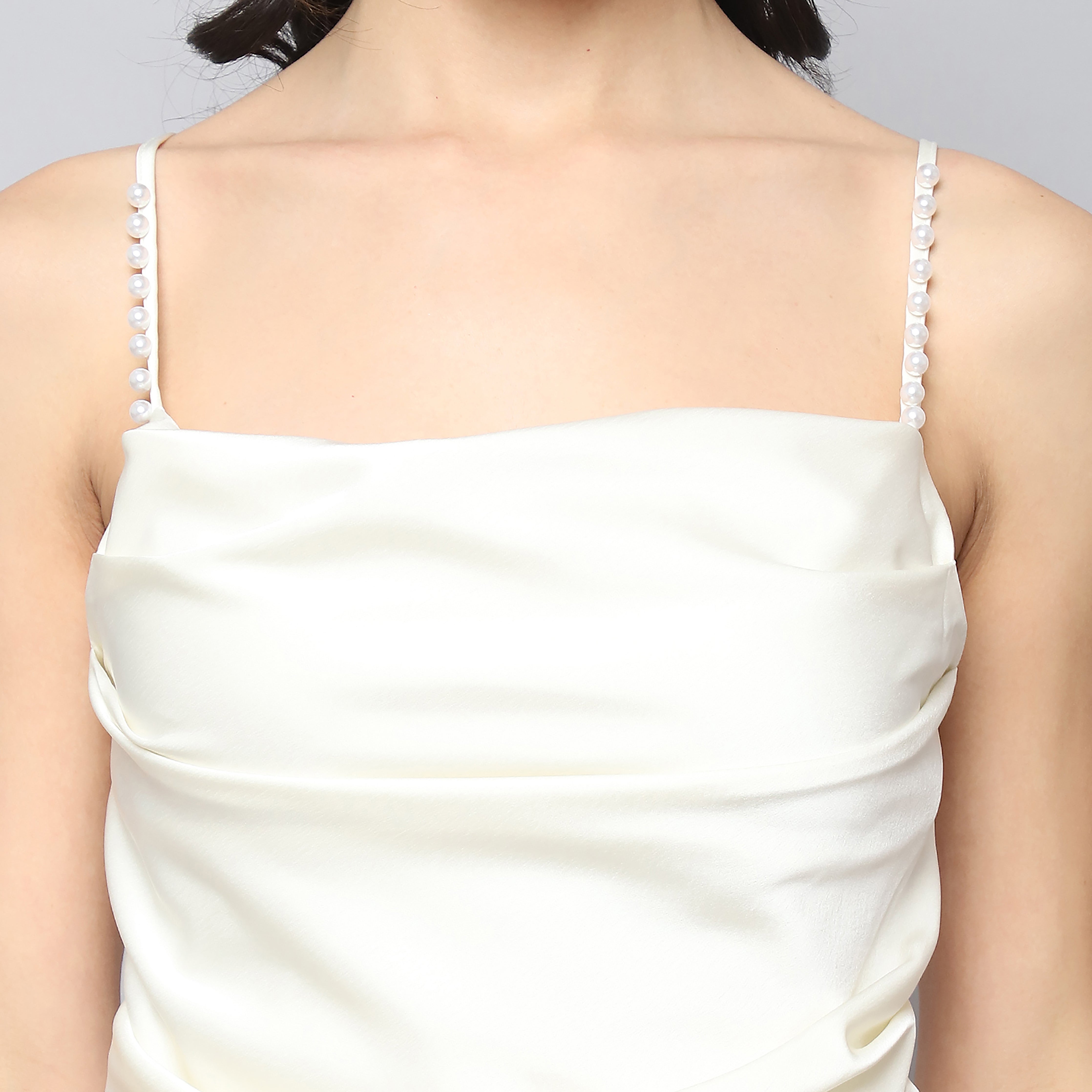 Women's Satin Ruched Split Bodycon Dress (Off White)