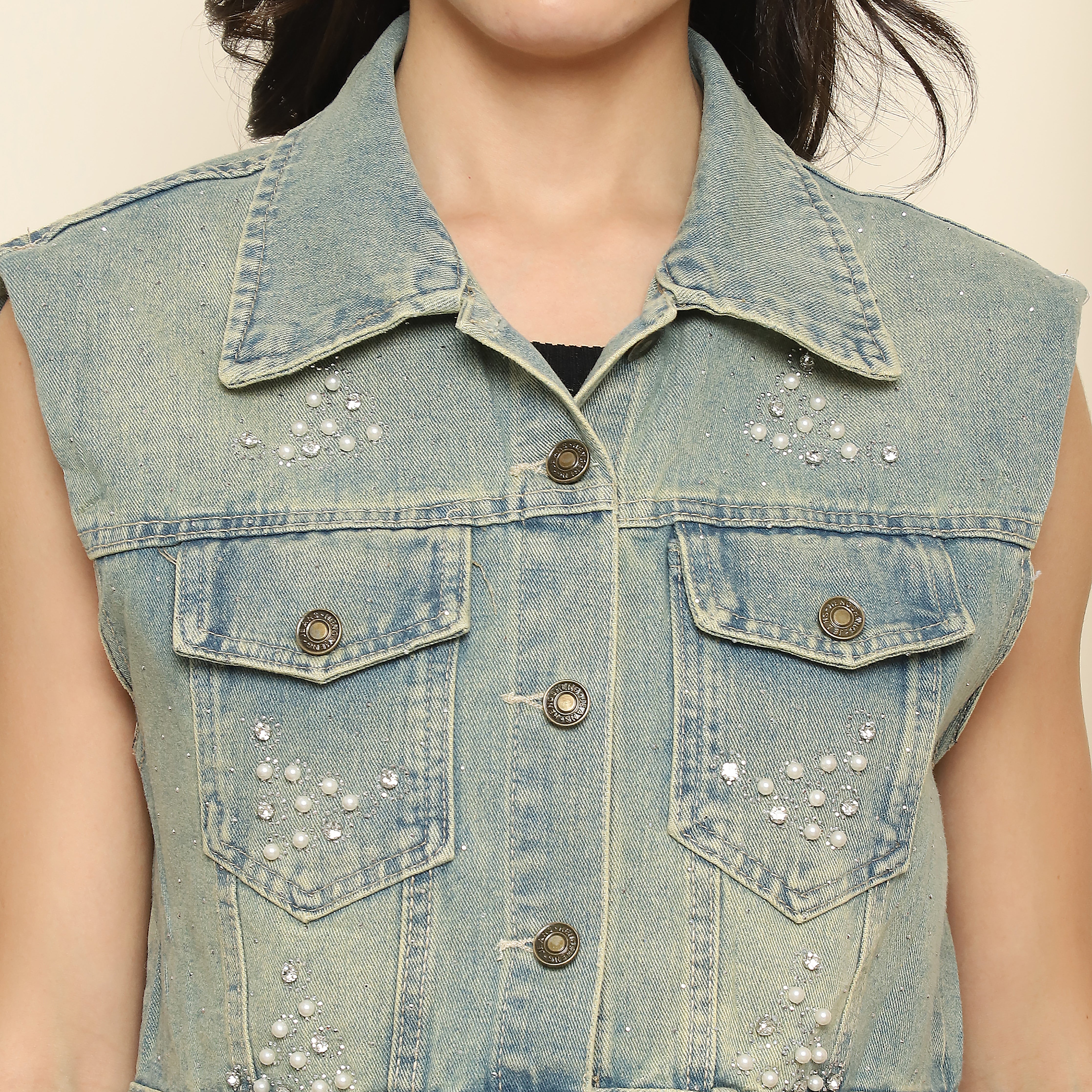 Women's Sleeveless Denim Embellished Jacket