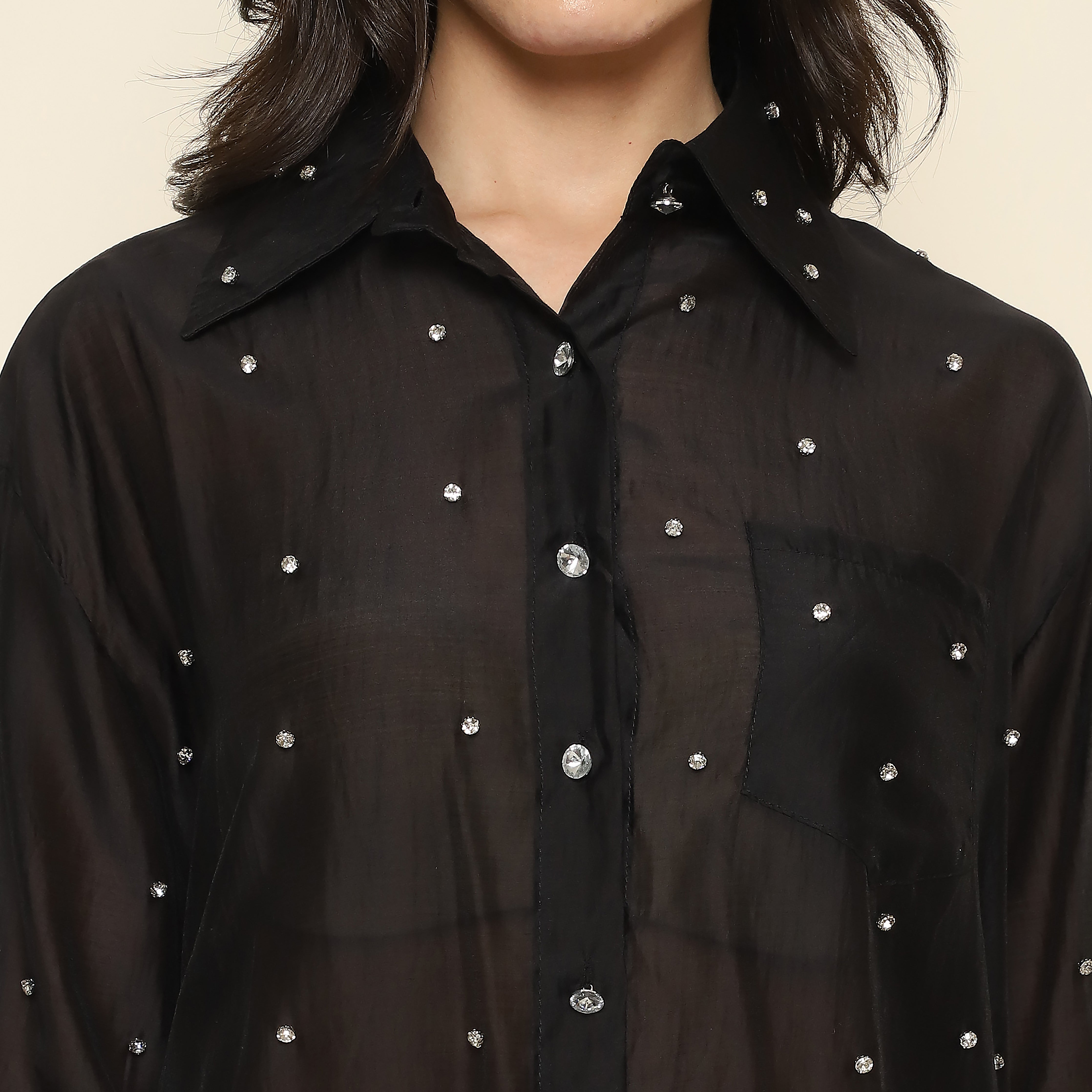 Embellished Shirt and Shorts Co-ord Set - Black