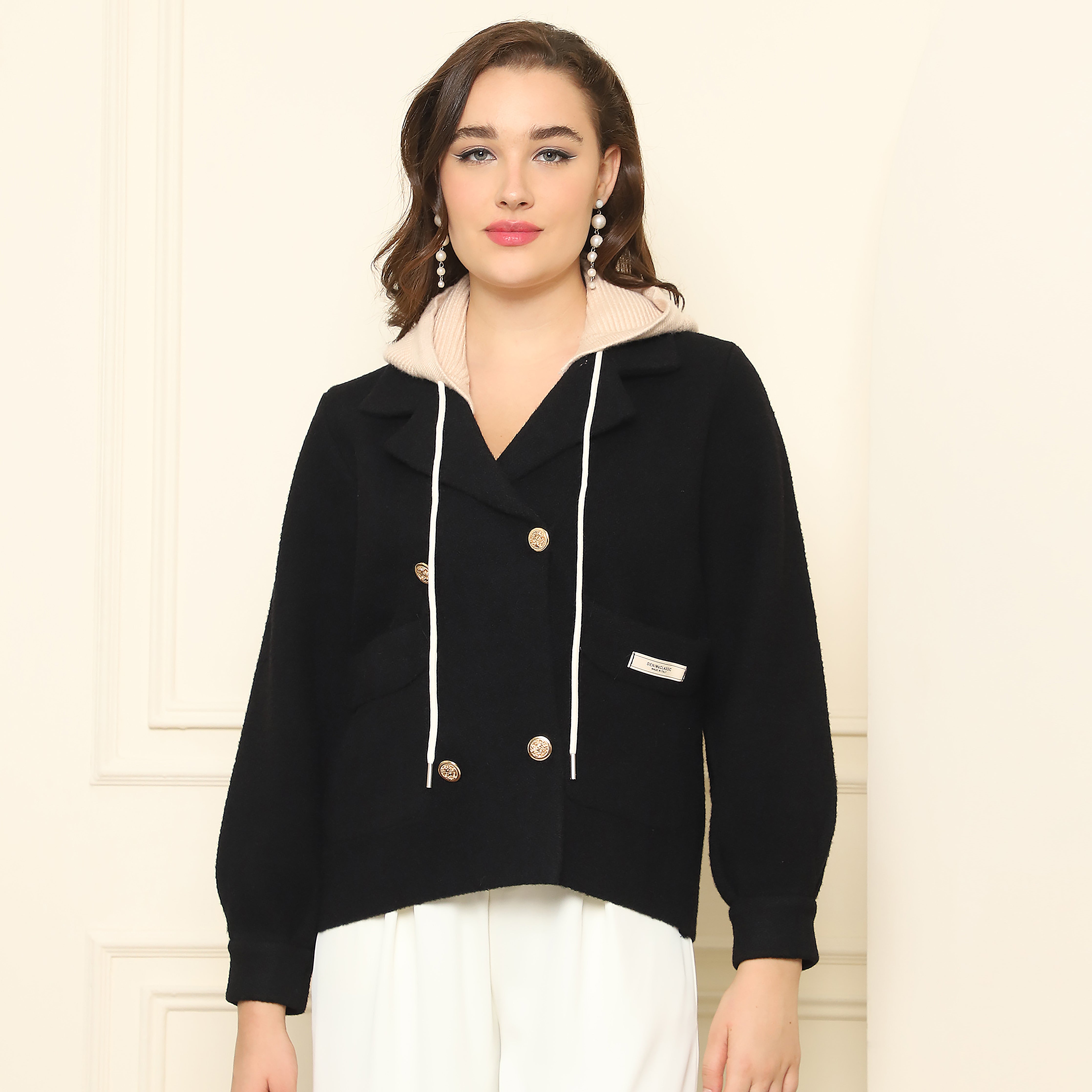 Lapeled Collar Hooded Coat – Black