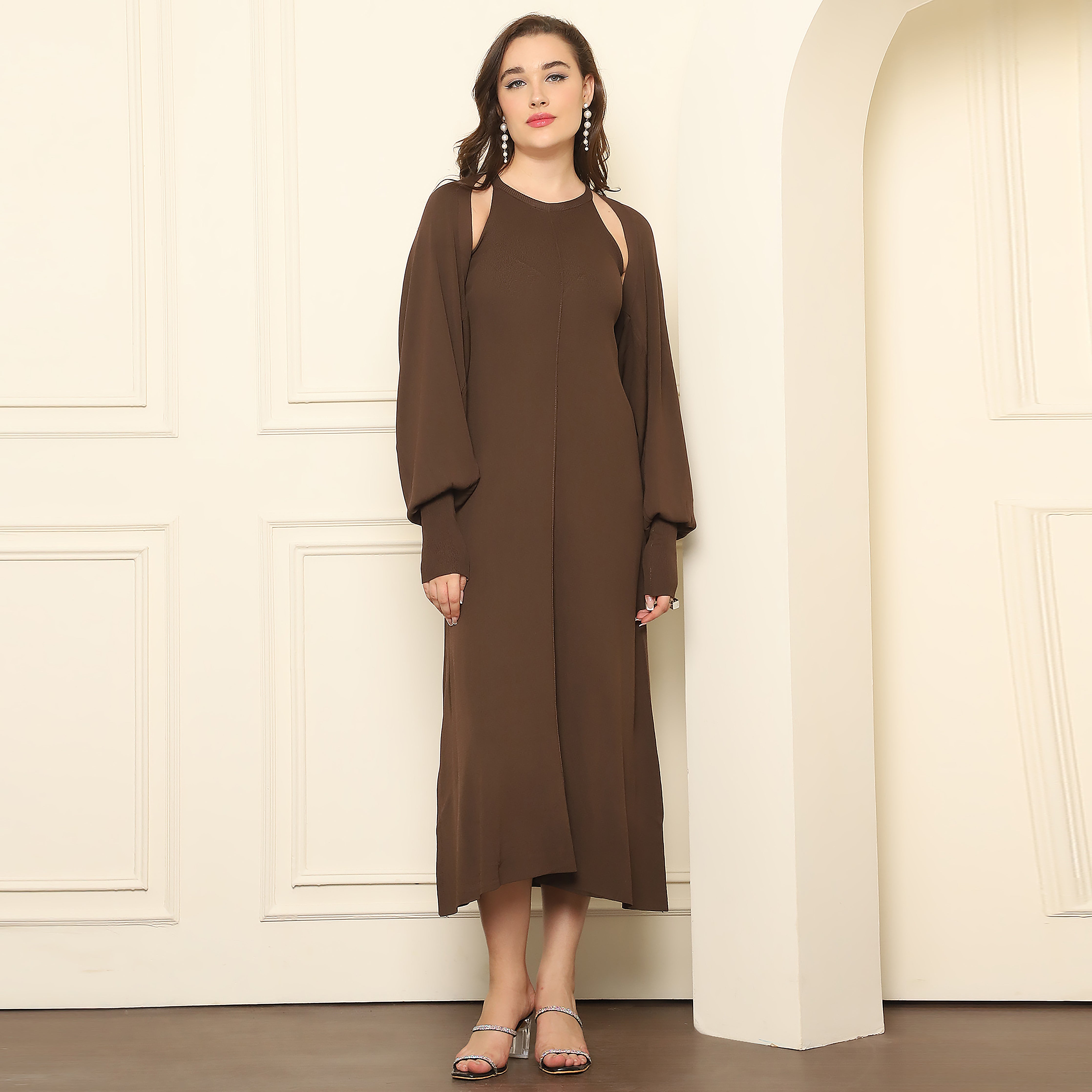 Elegant Knitted Dress – Coffee Brown