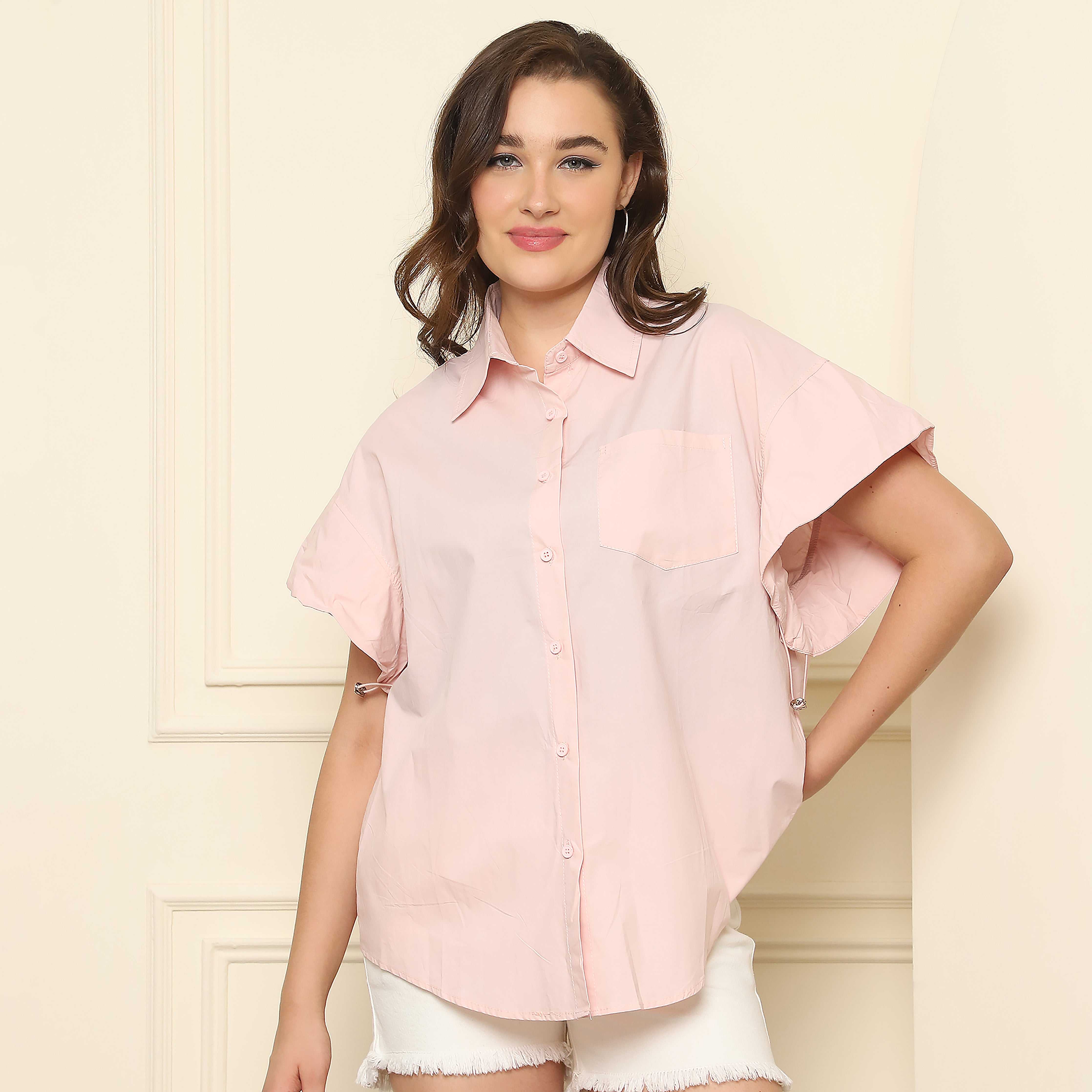 Blush Pink Balloon Sleeve Button-Down Shirt