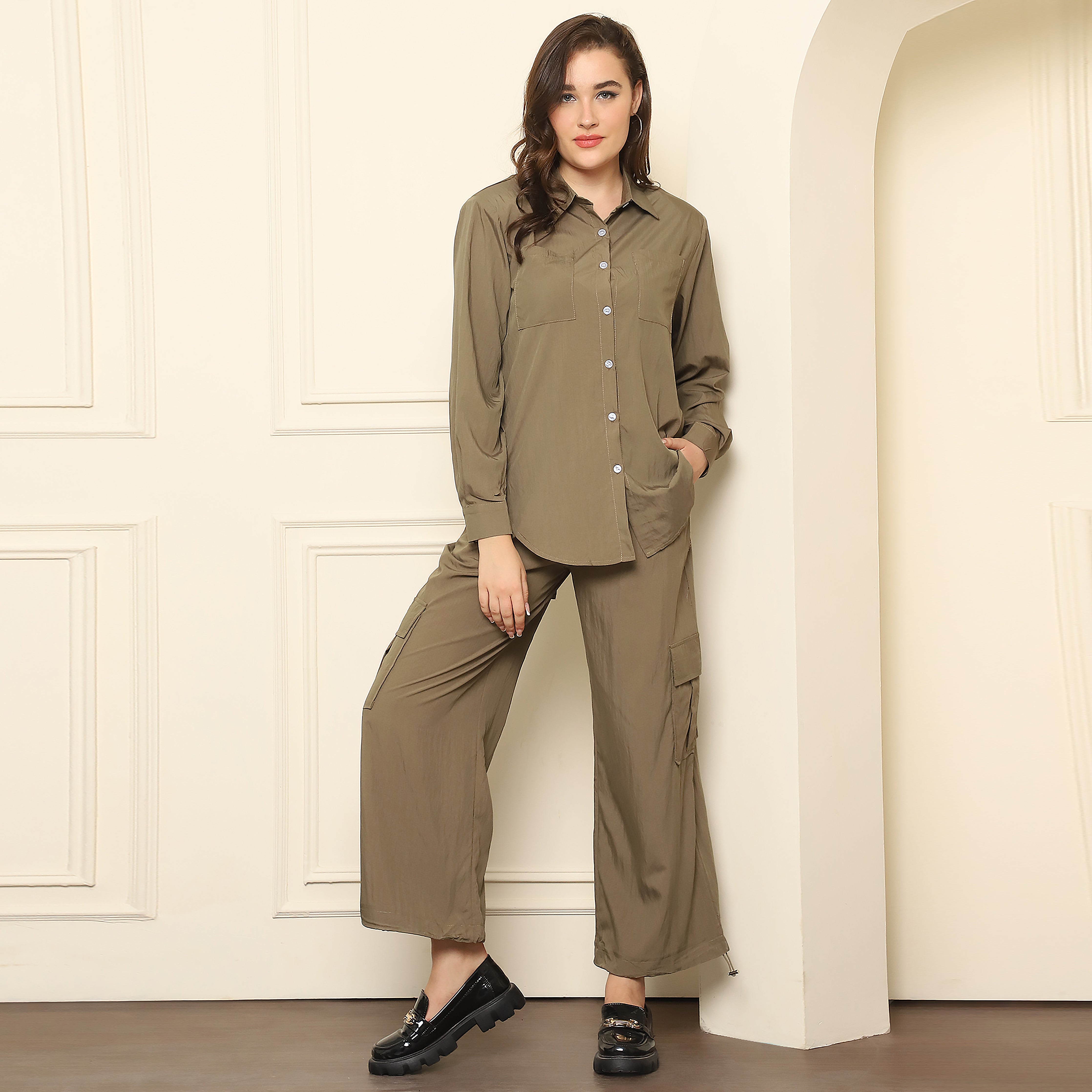 Khaki Crushed Crepe Co-Ord Set | Stylish Two-Piece Women's Outfit (S,M,L)