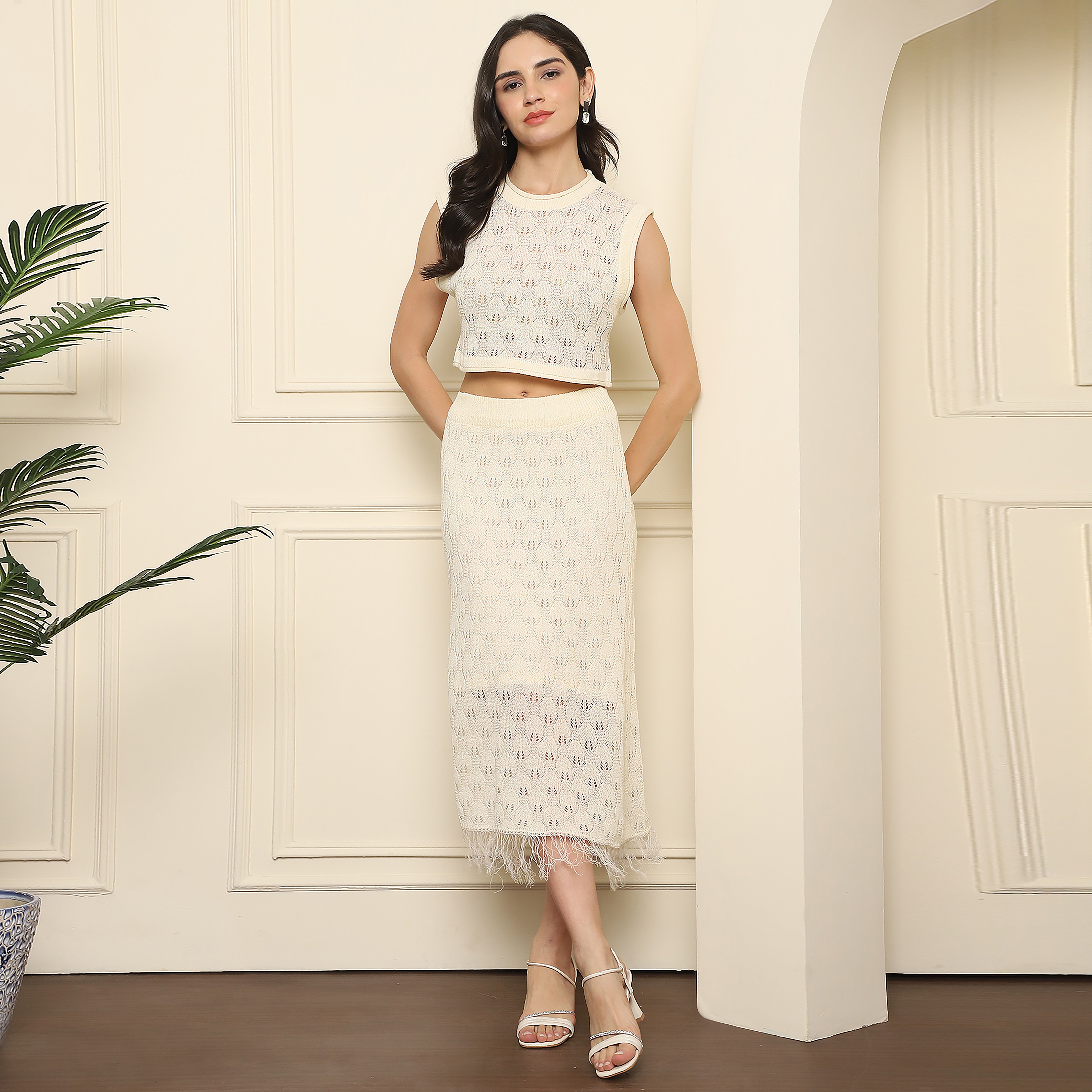 Knitted Skirt Top Co-ord Set - Off White