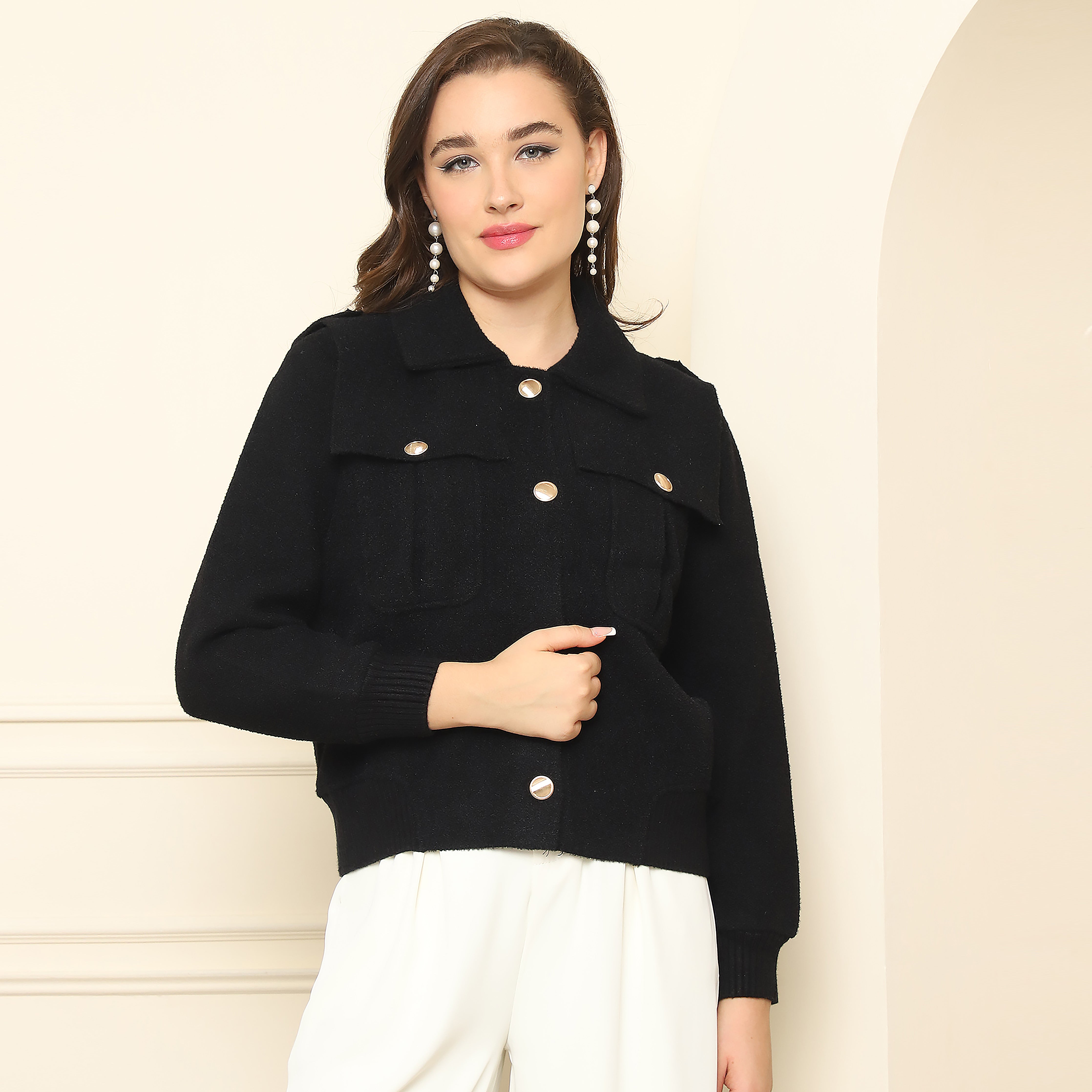 Collared Woolen Coat – Black