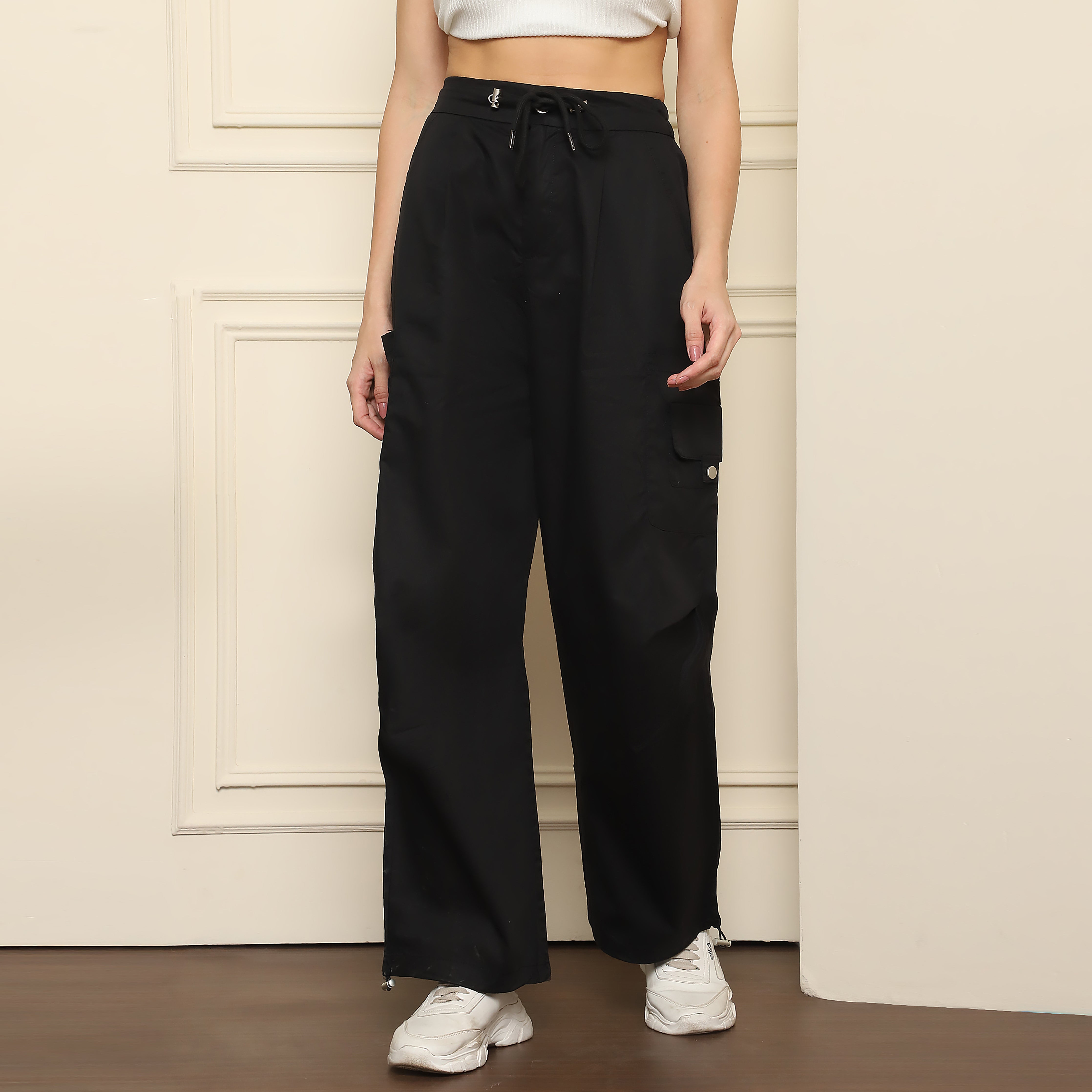 High-Waist Black Cargo Pants-Adjustable Drawstring