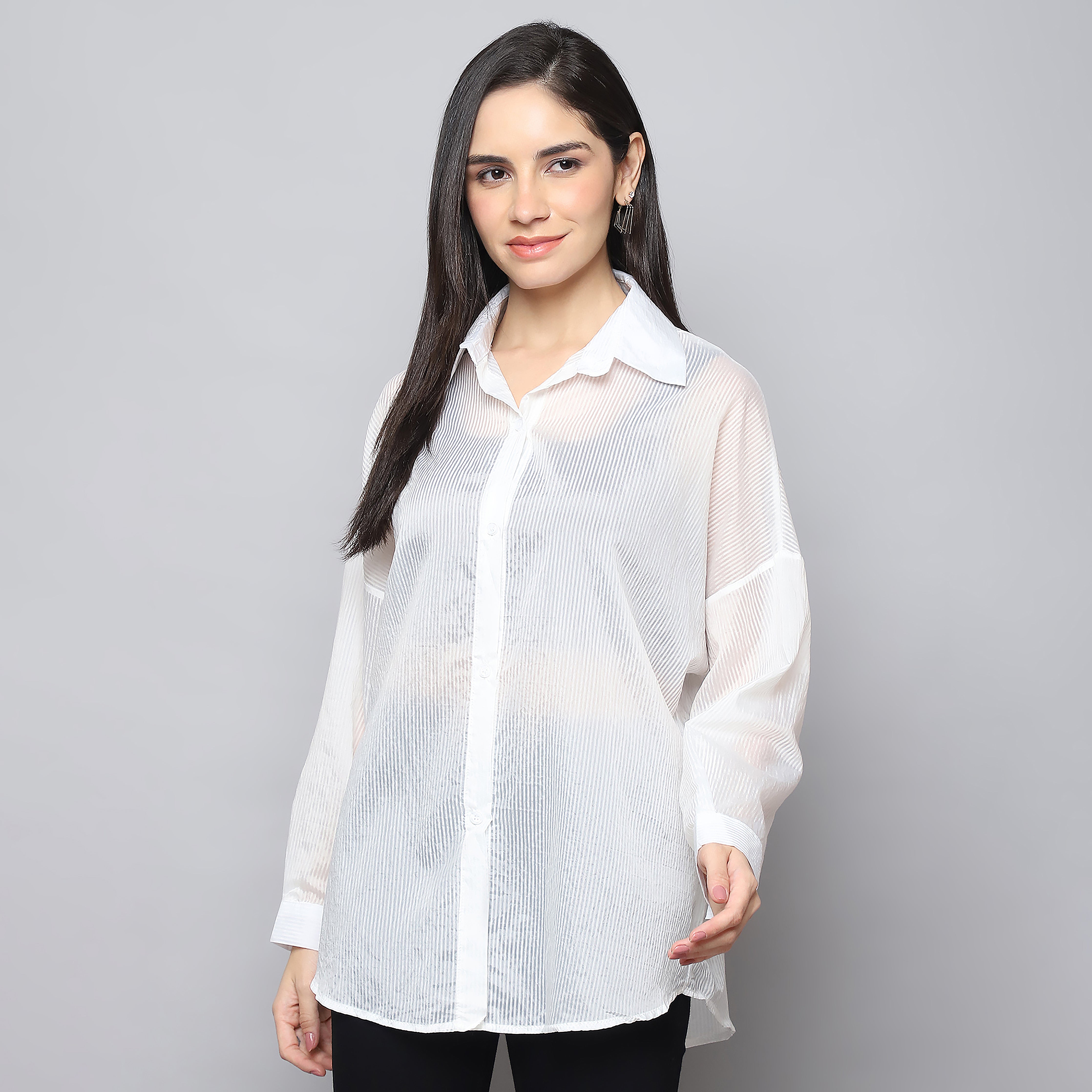 Women's White Sheer Self-Striped Shirt