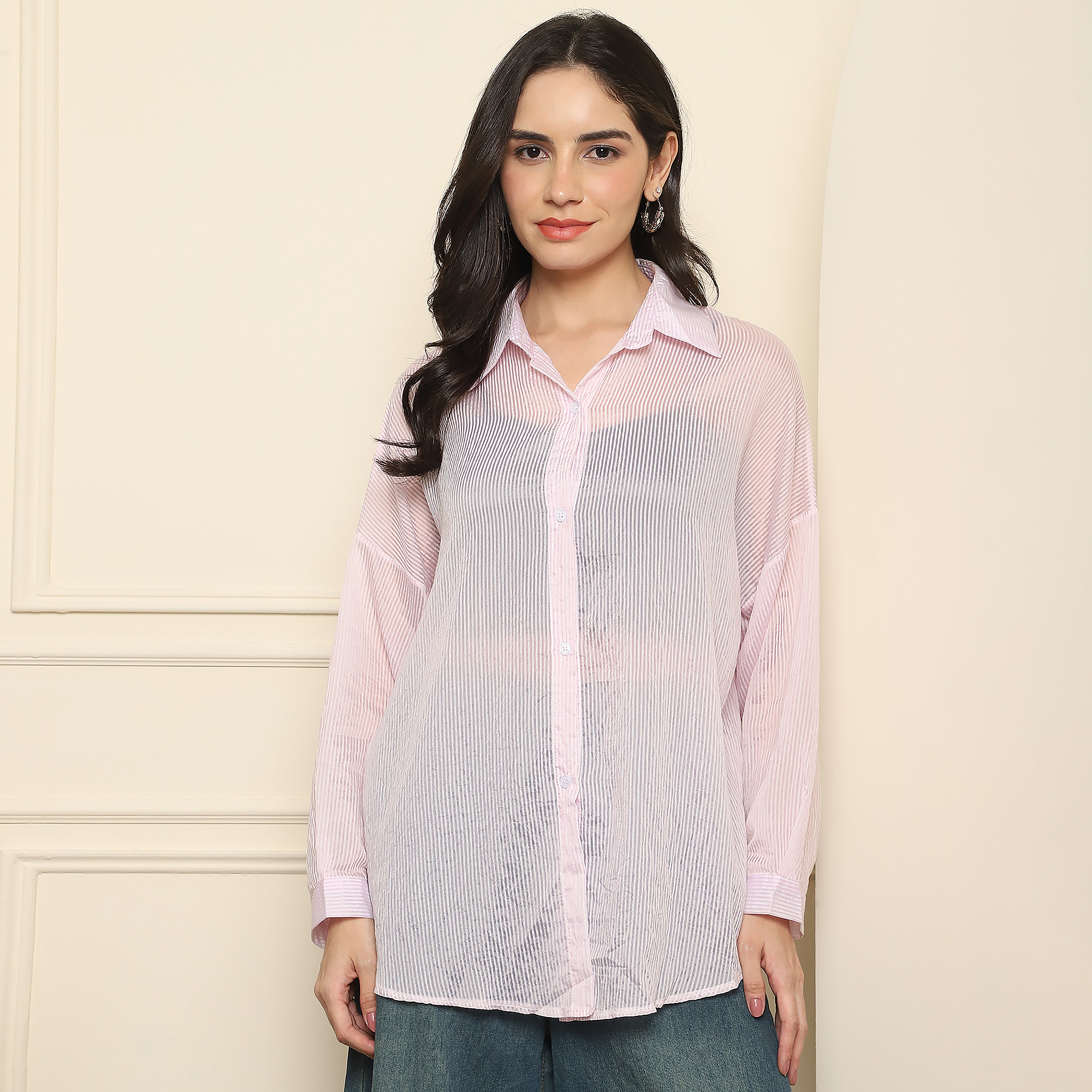 Women's Oversized Self-Striped Shirt (Baby Pink)