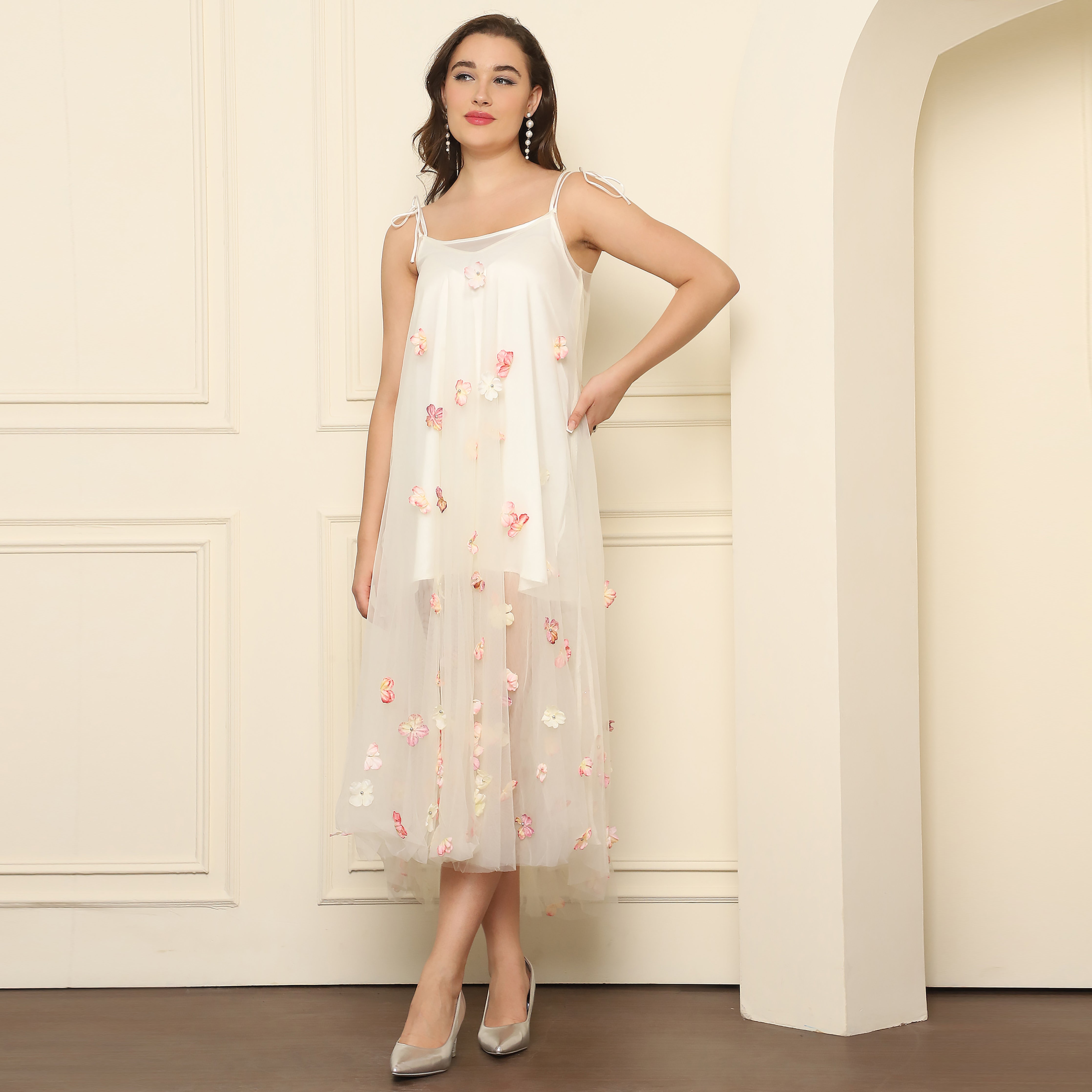 Elegant Midi Net Floral Dress – Off White