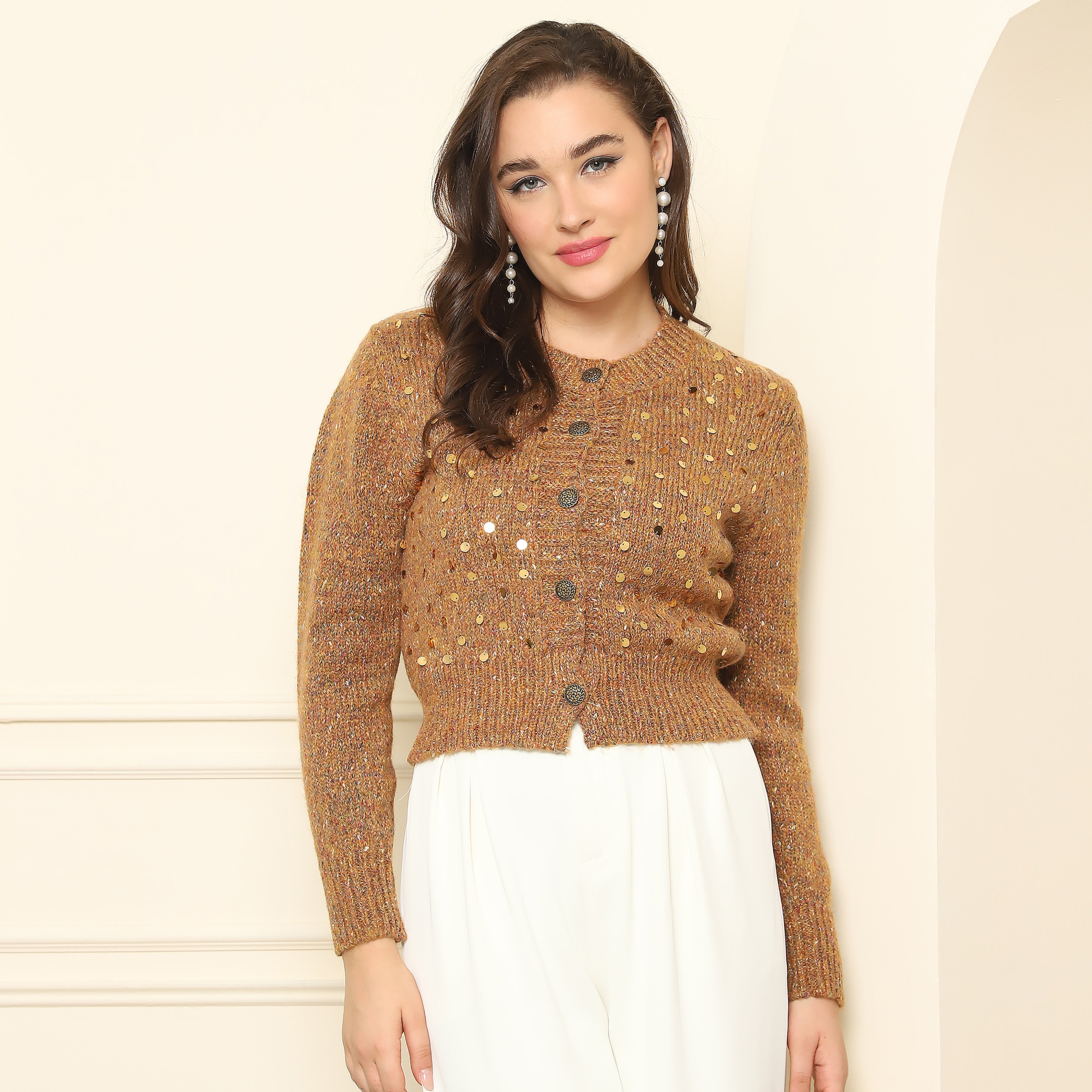 Knitted Sequin Embellished Sweater – Mustard