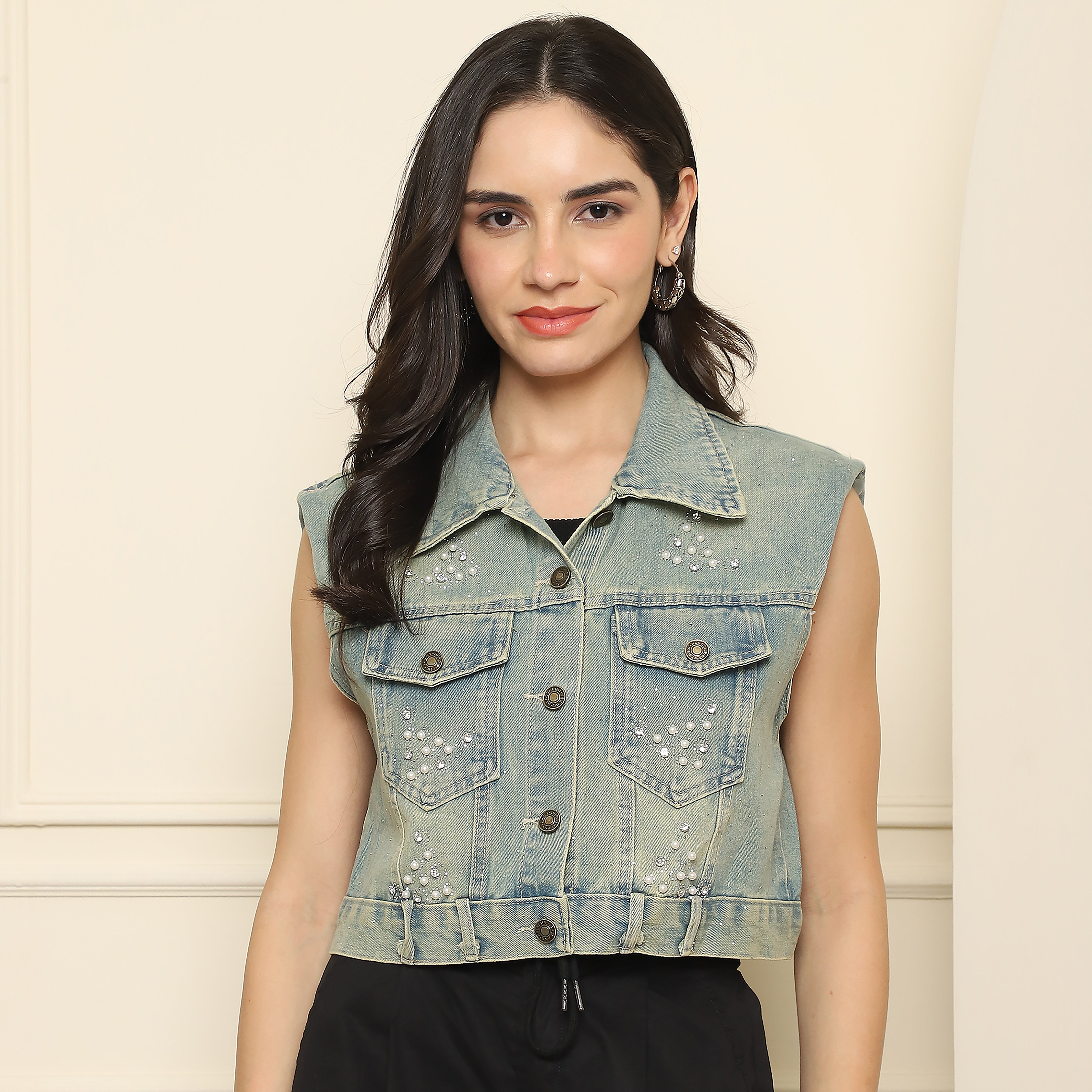 Women's Sleeveless Denim Embellished Jacket