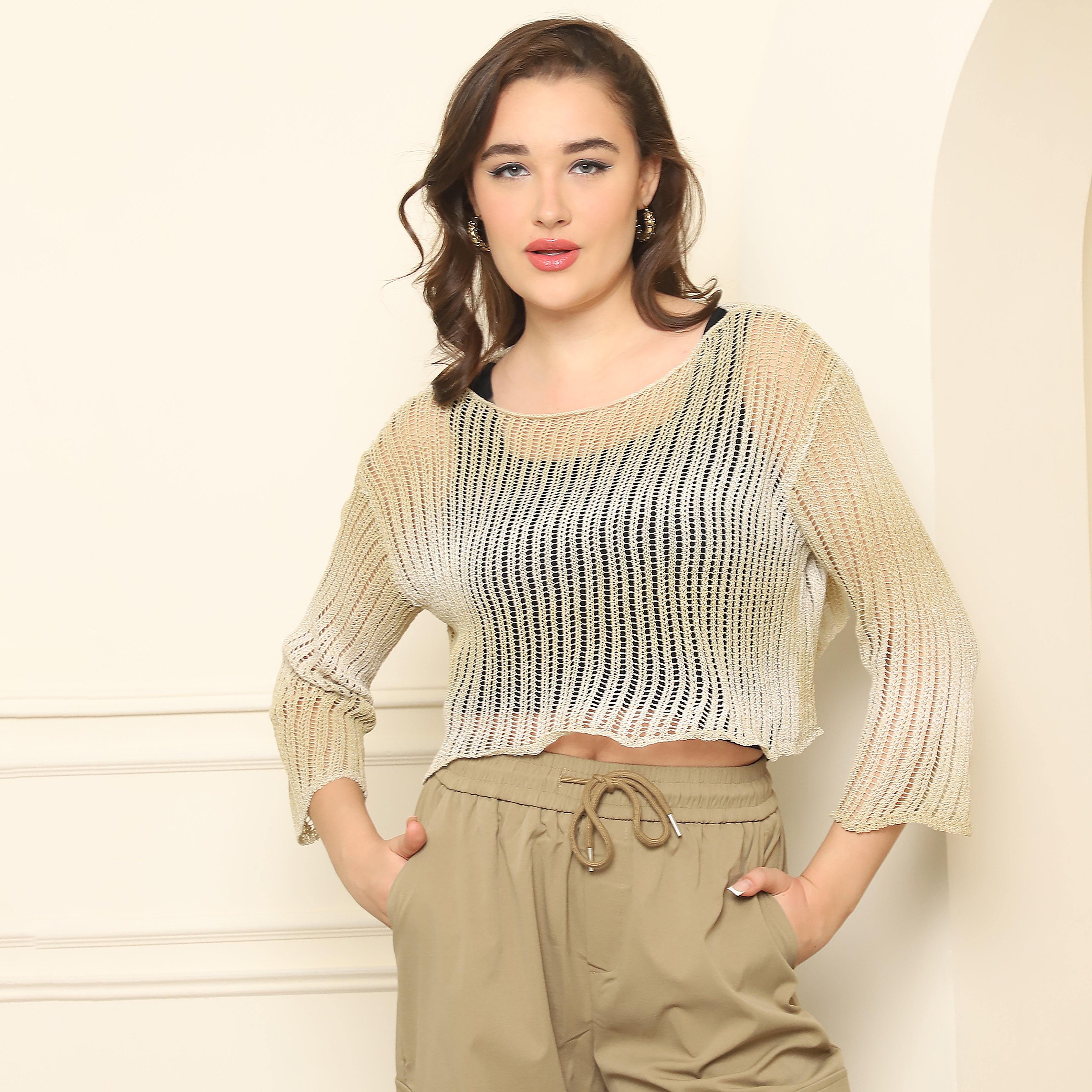 Khaki Knitted Crop Top | 100% Acrylic Lightweight Sweater for Women