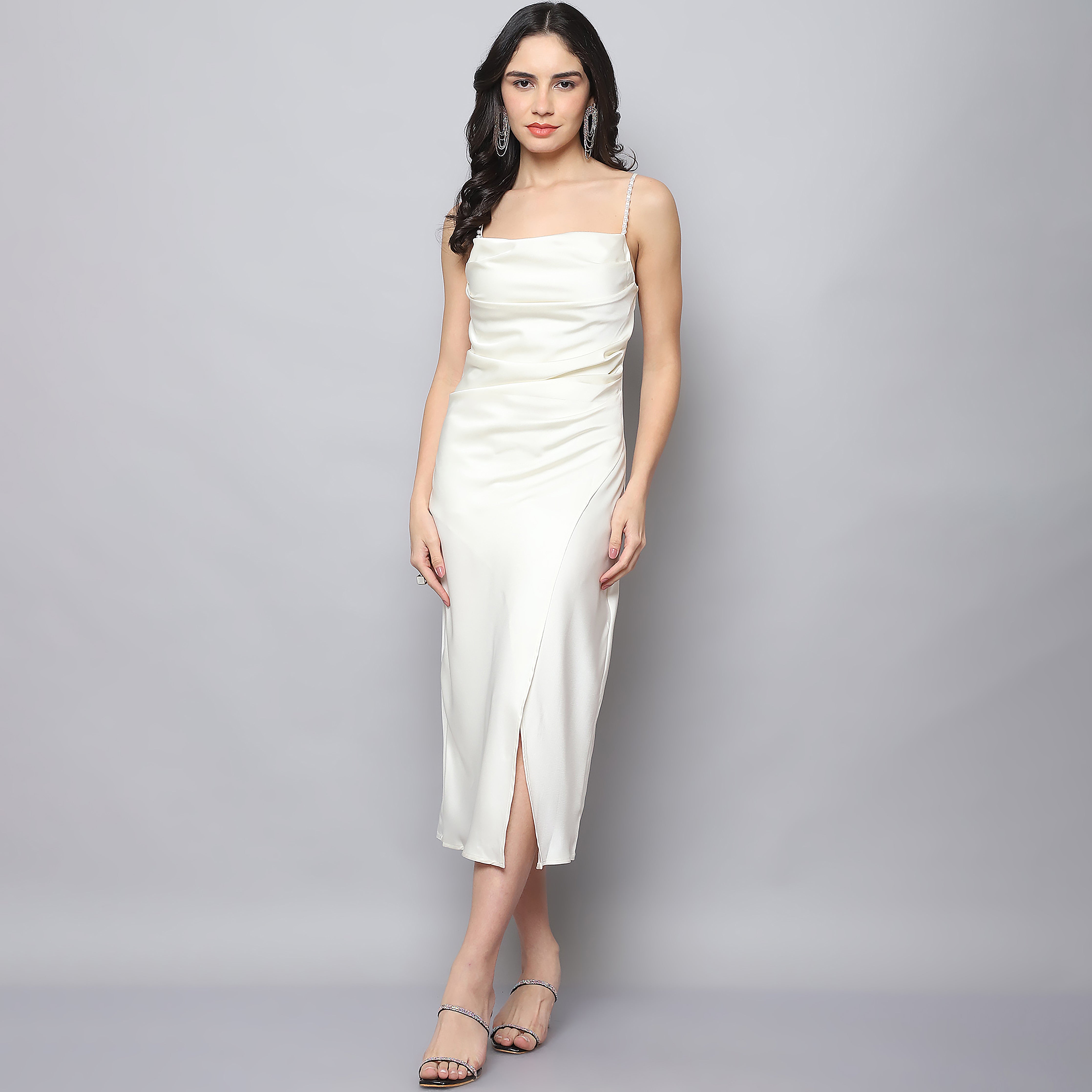 Women's Satin Ruched Split Bodycon Dress (Off White)