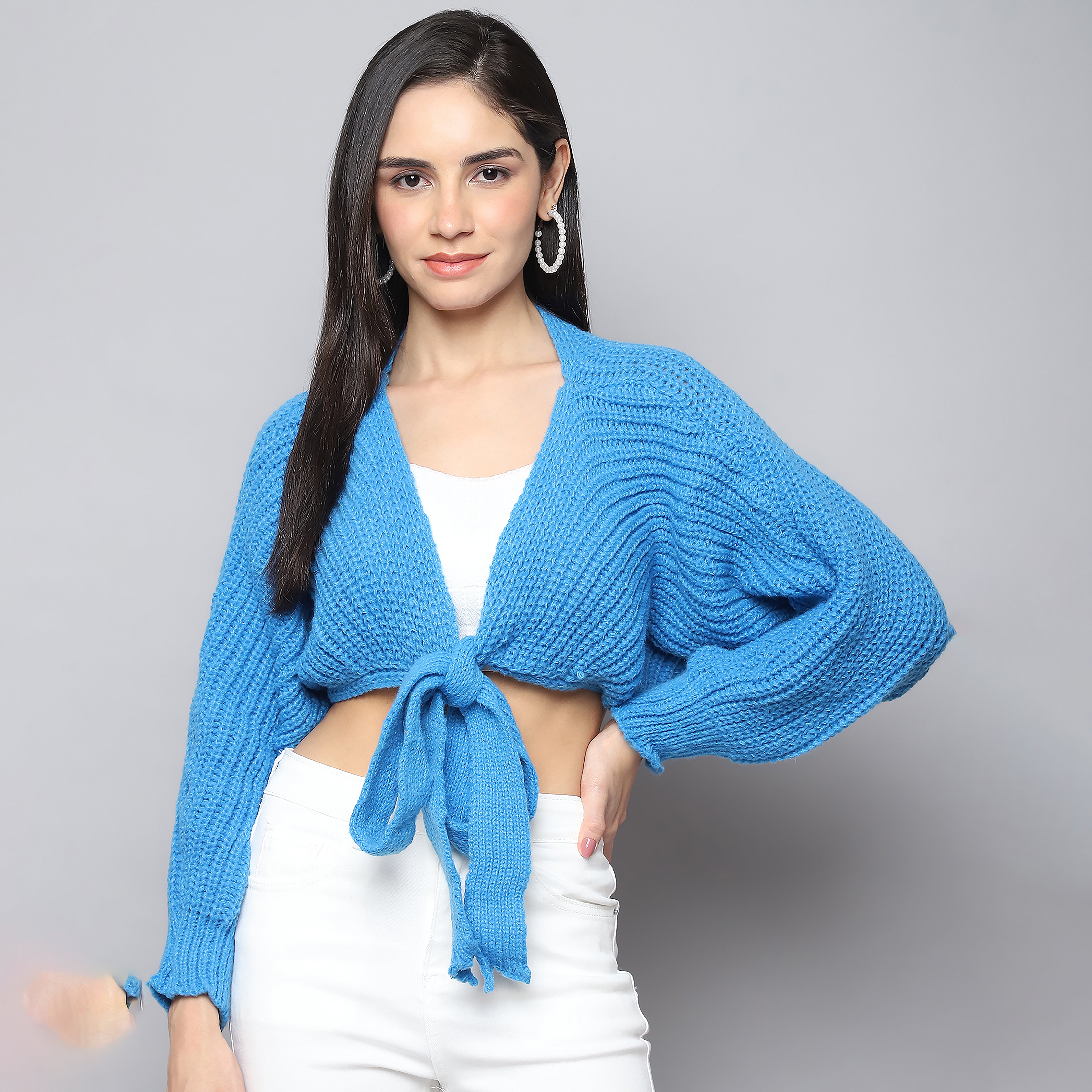 Cozy Chic Woolen Tie-Up Shrug (Royal Blue)